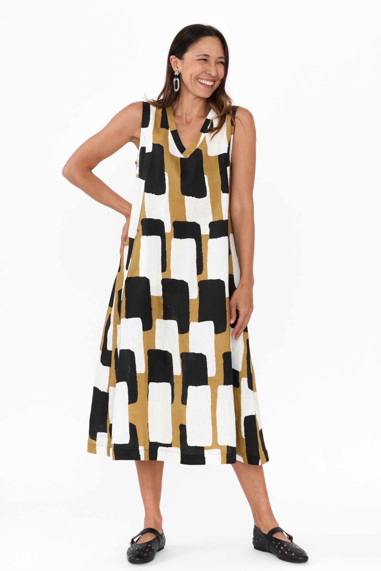 Joanne Yellow Geo Linen Dress Front View