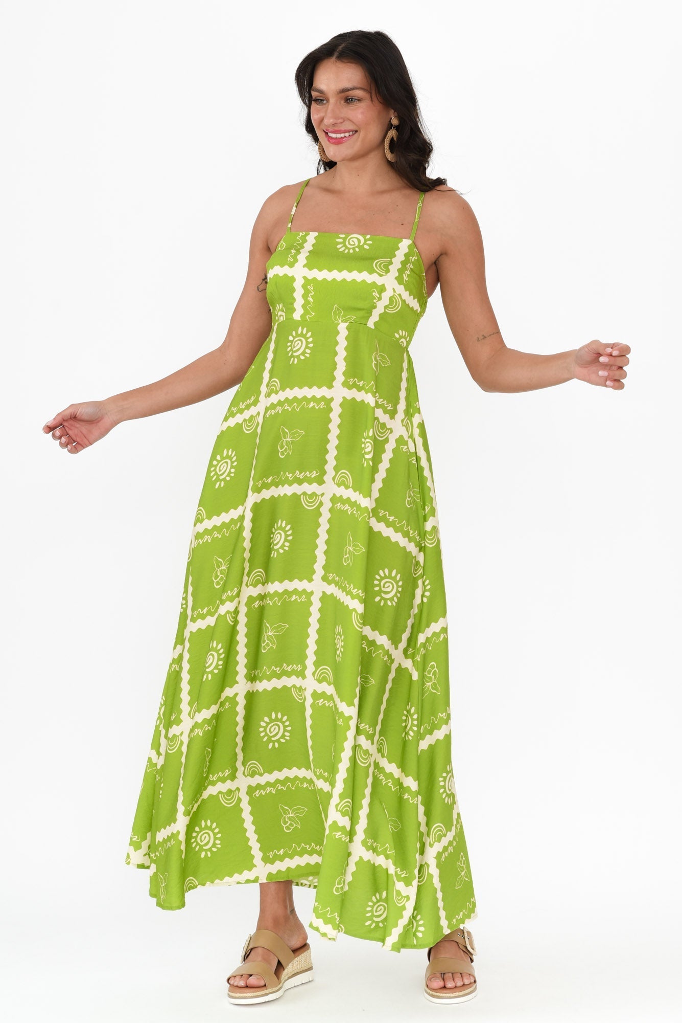 Julietta Green Tile Sleeveless Maxi Dress Styled View