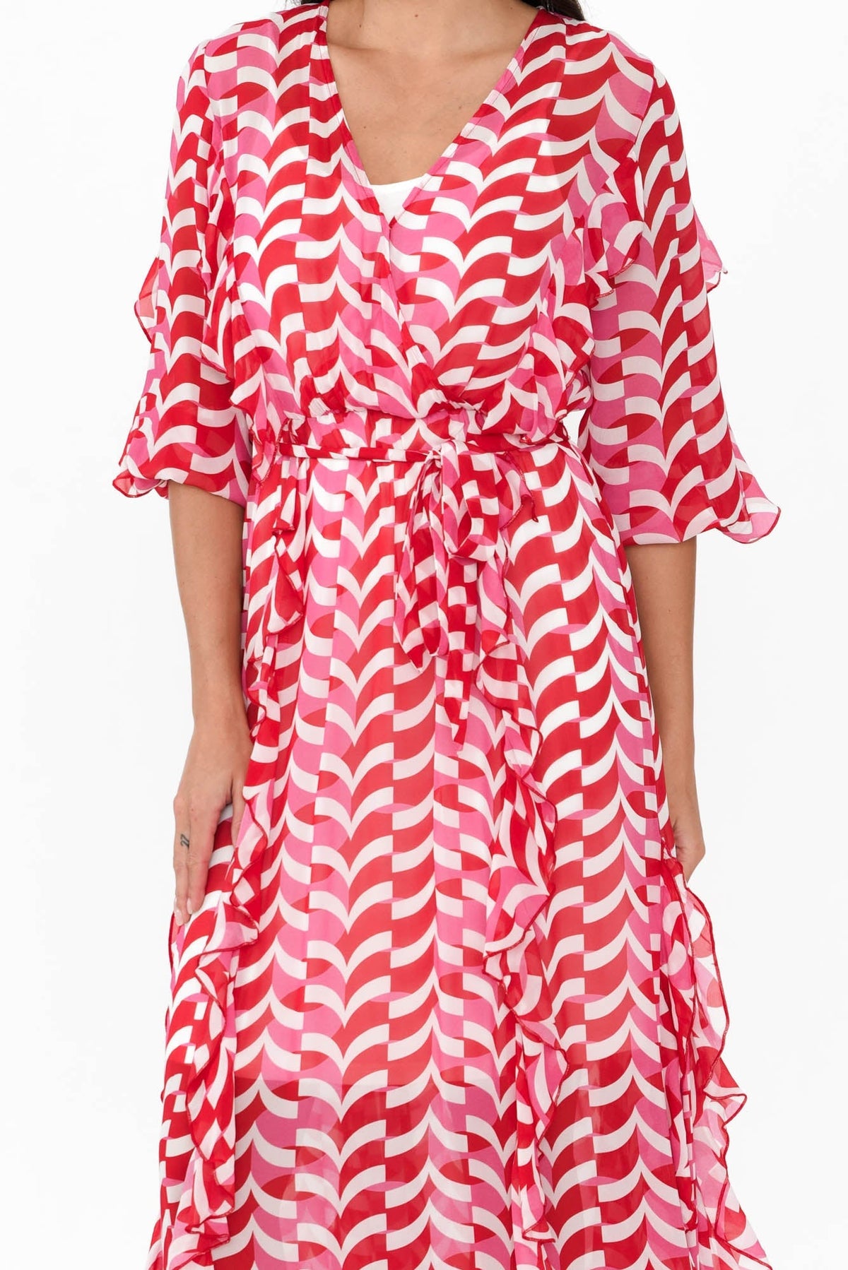 Just Love Pink Geo Ruffle Dress Full Length View