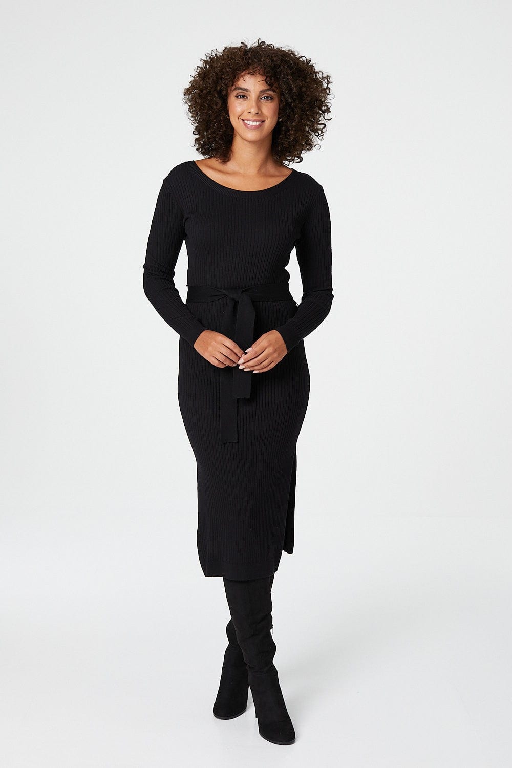Long Sleeve Knit Bodycon Midi Dress Front View 3