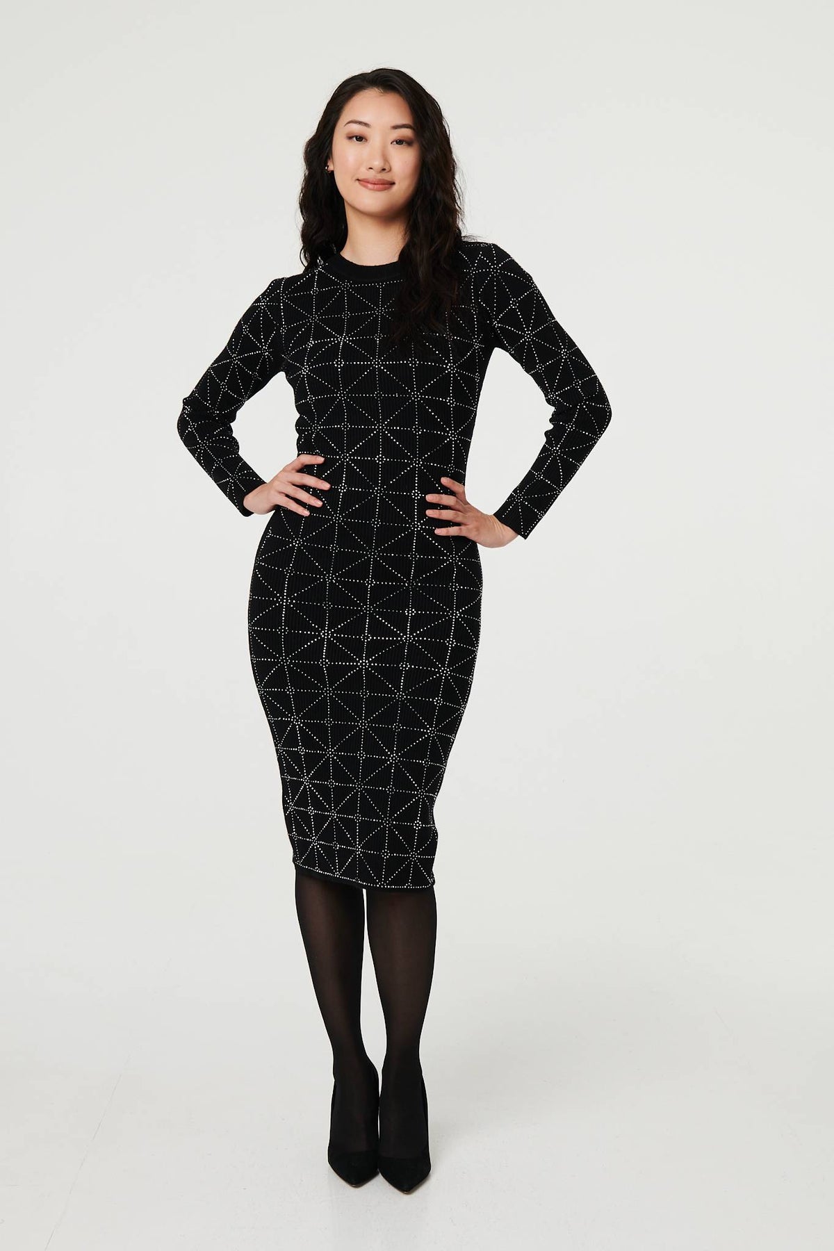 Geo Diamante Detail Slim Knit Midi Dress Detail View
