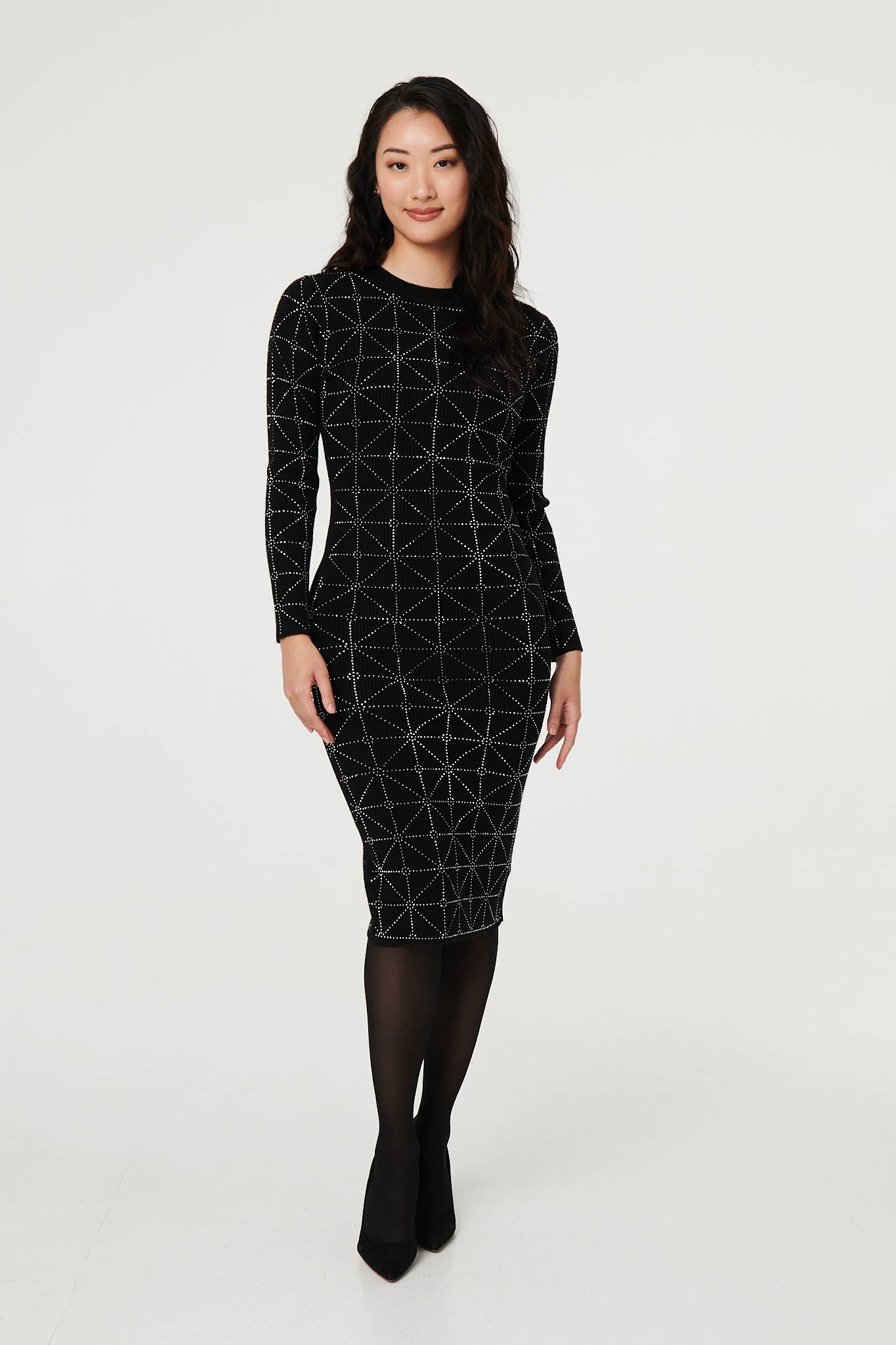 Geo Diamante Detail Slim Knit Midi Dress Front View