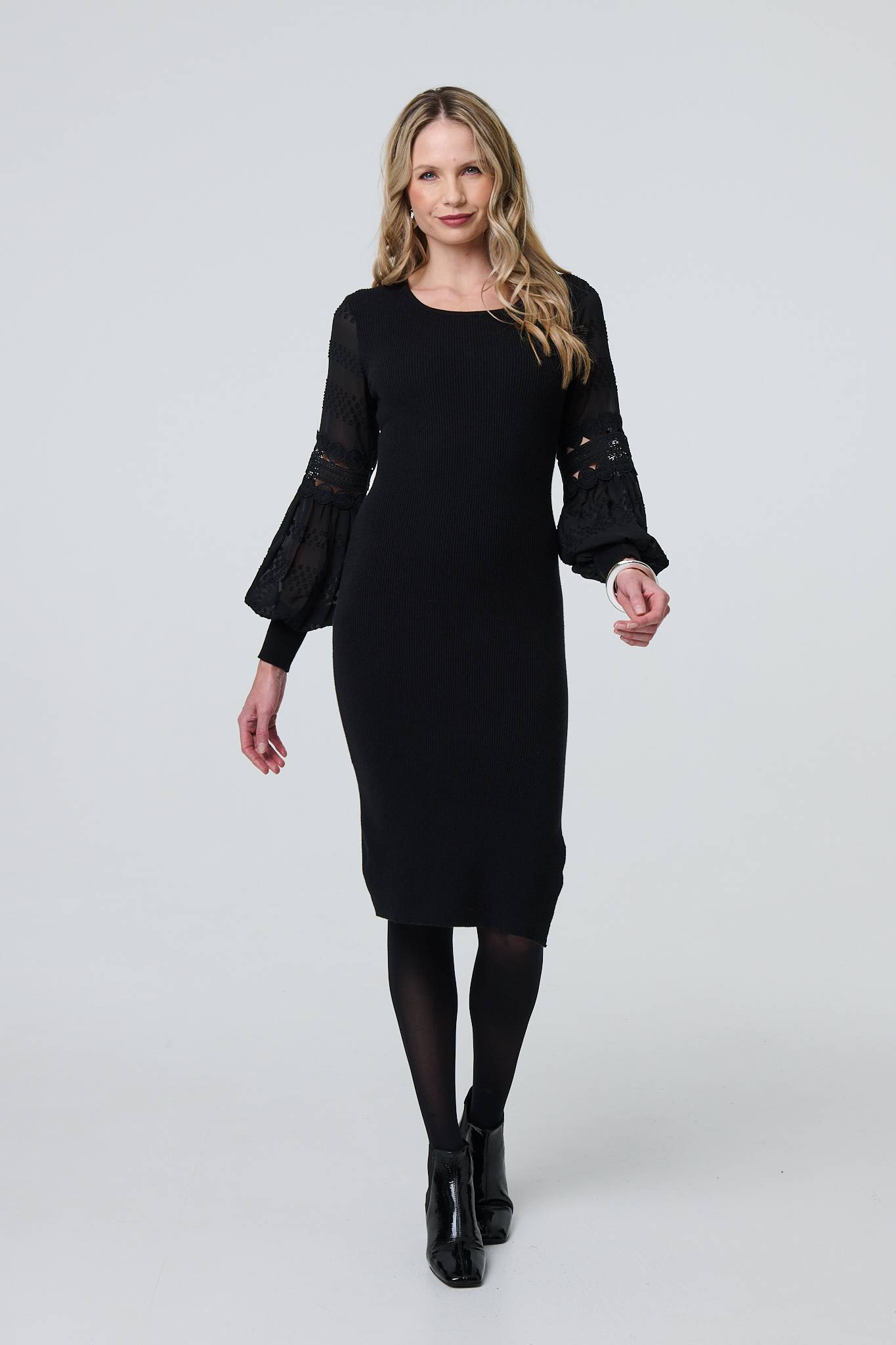 Long Sheer Sleeve Bodycon Knit Dress Front View