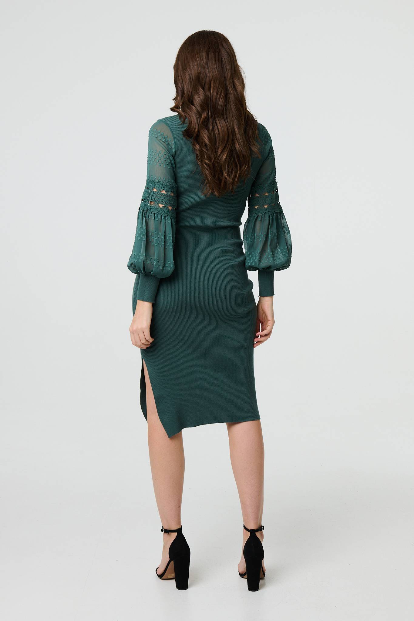 Long Sheer Sleeve Bodycon Knit Dress Styled View 2