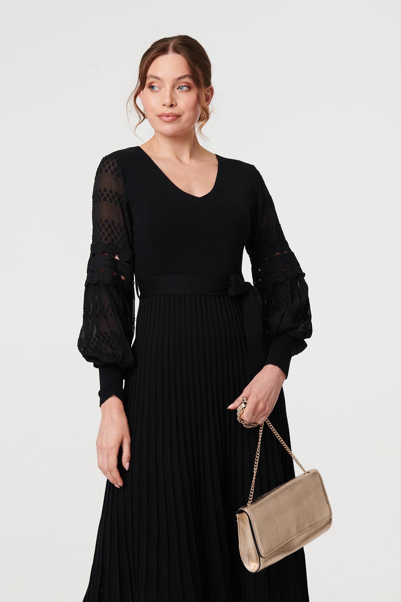 Pleated Lace Puff Sleeve Midi Dress Back View