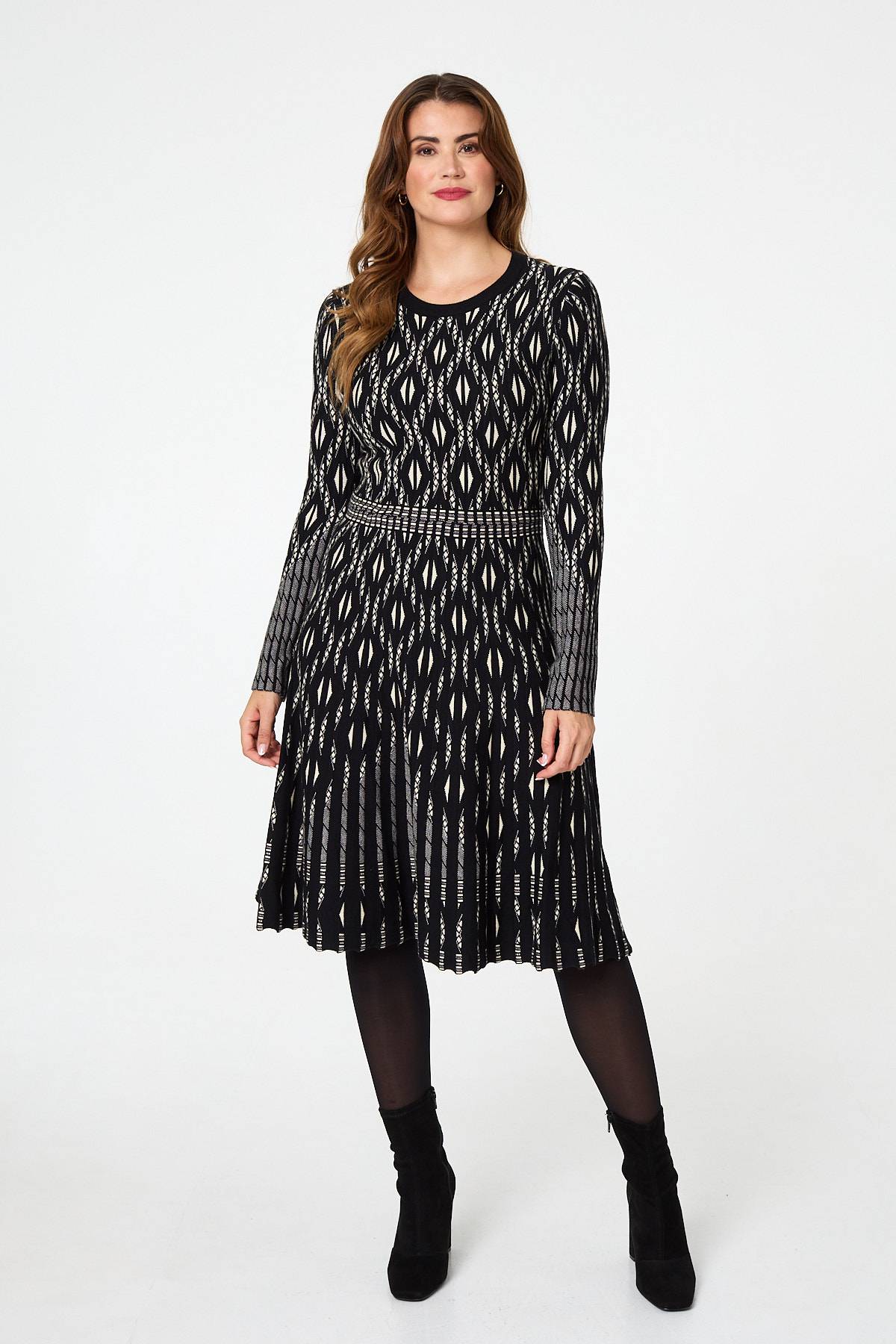 Geo Print Knit Skater Midi Dress Back View