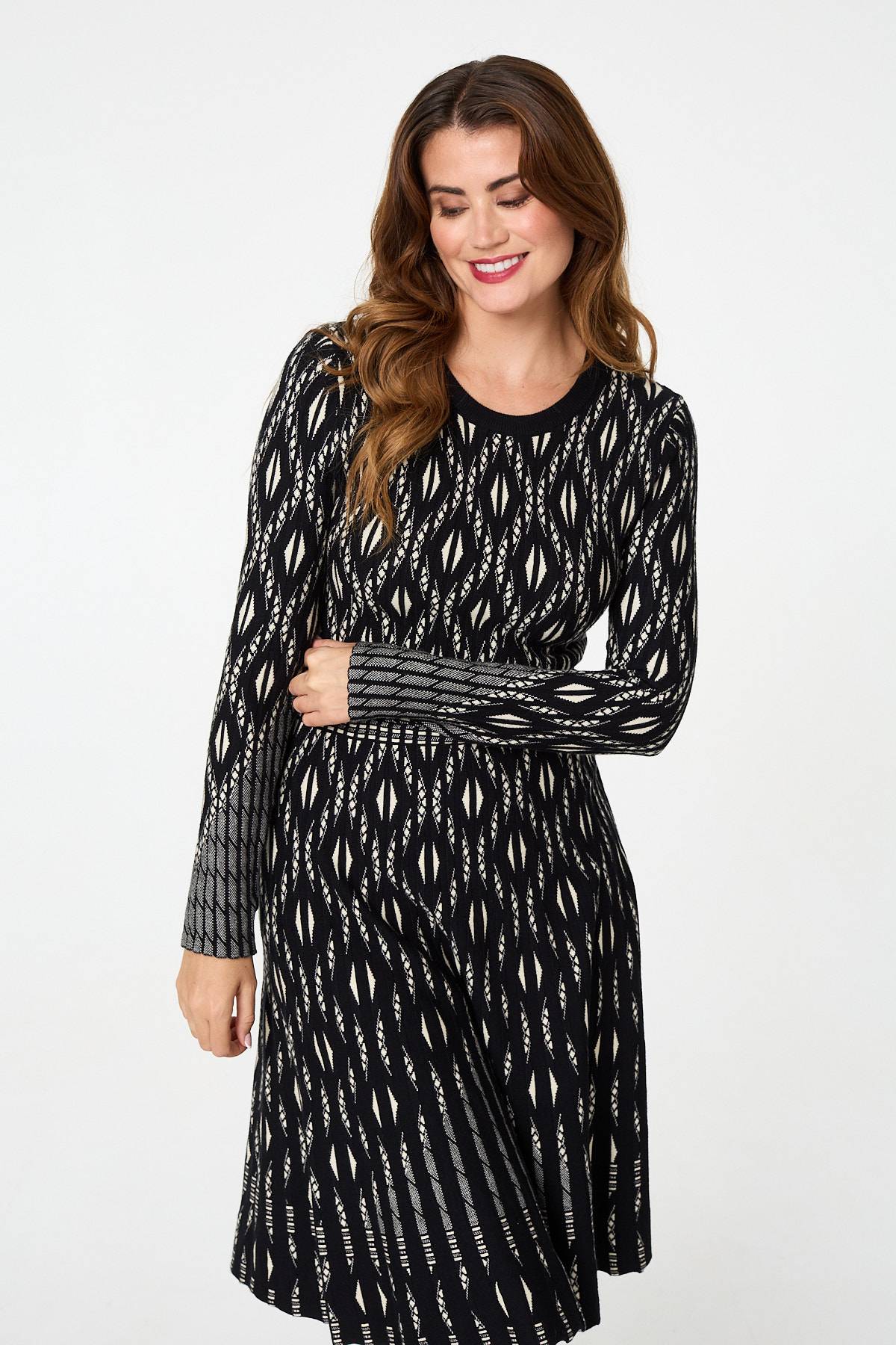 Geo Print Knit Skater Midi Dress Front View