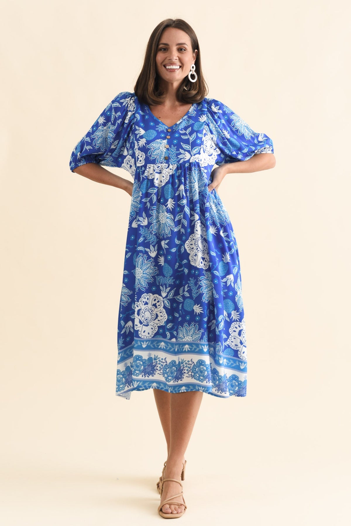 Kacey Blue Floral Button Dress Full Length View