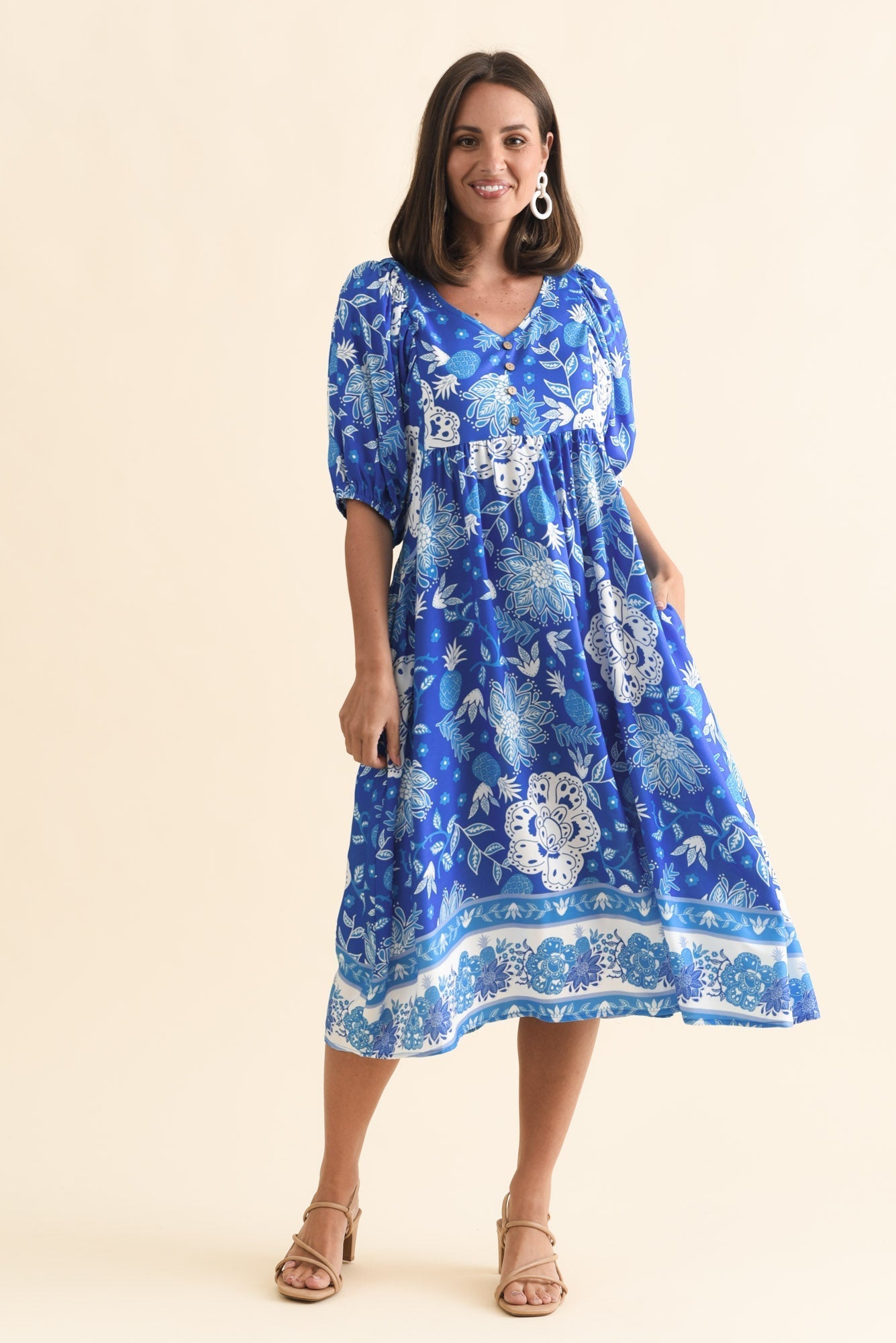 Kacey Blue Floral Button Dress Front View