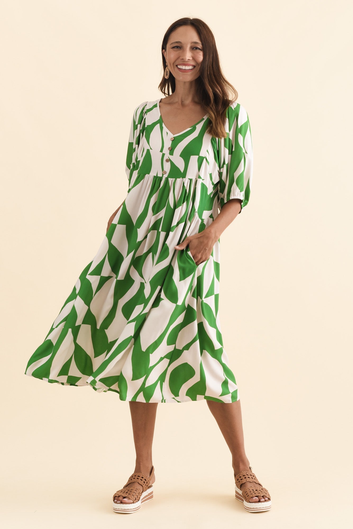 Kacey Green Abstract Button Dress Front View