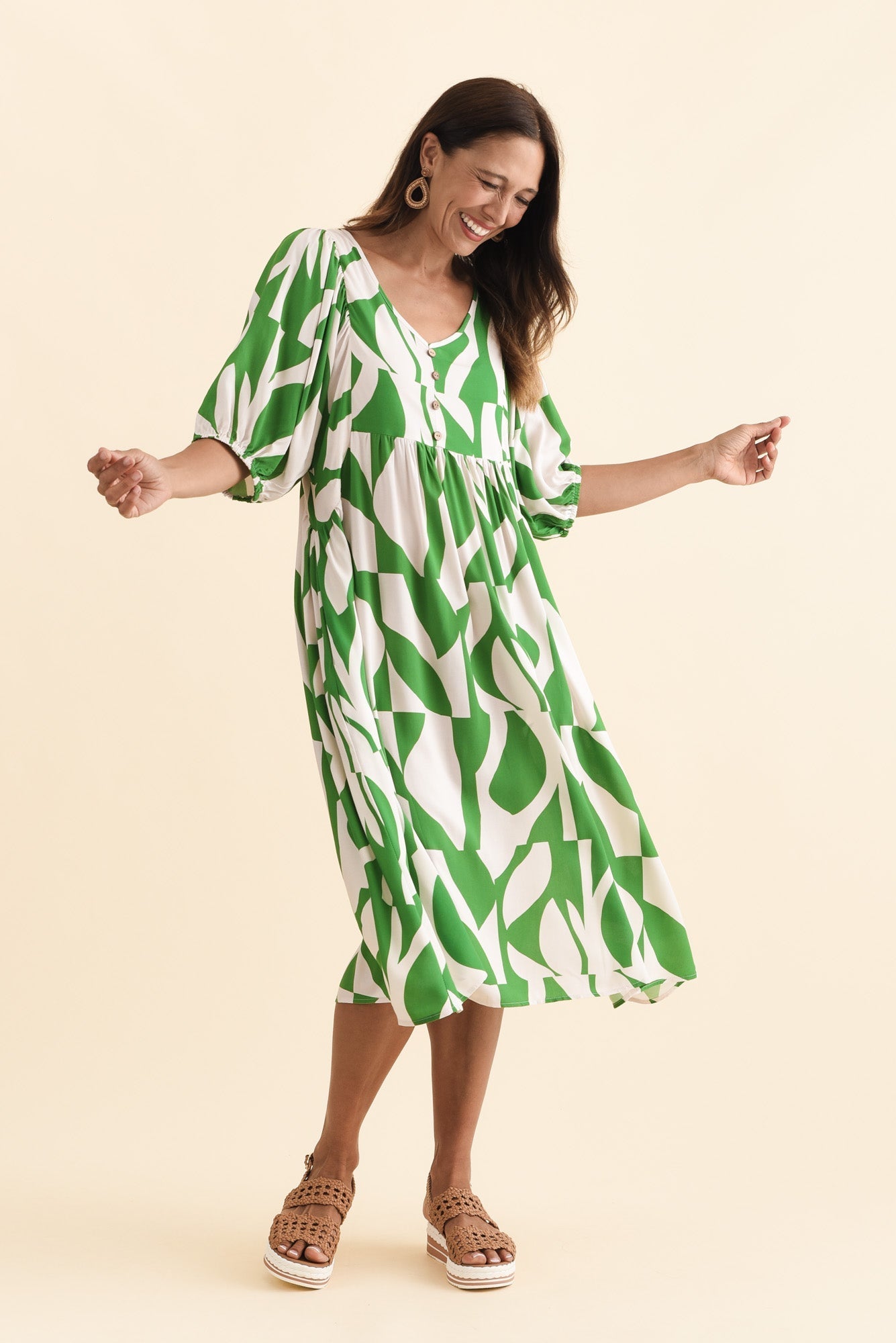 Kacey Green Abstract Button Dress Full Length View