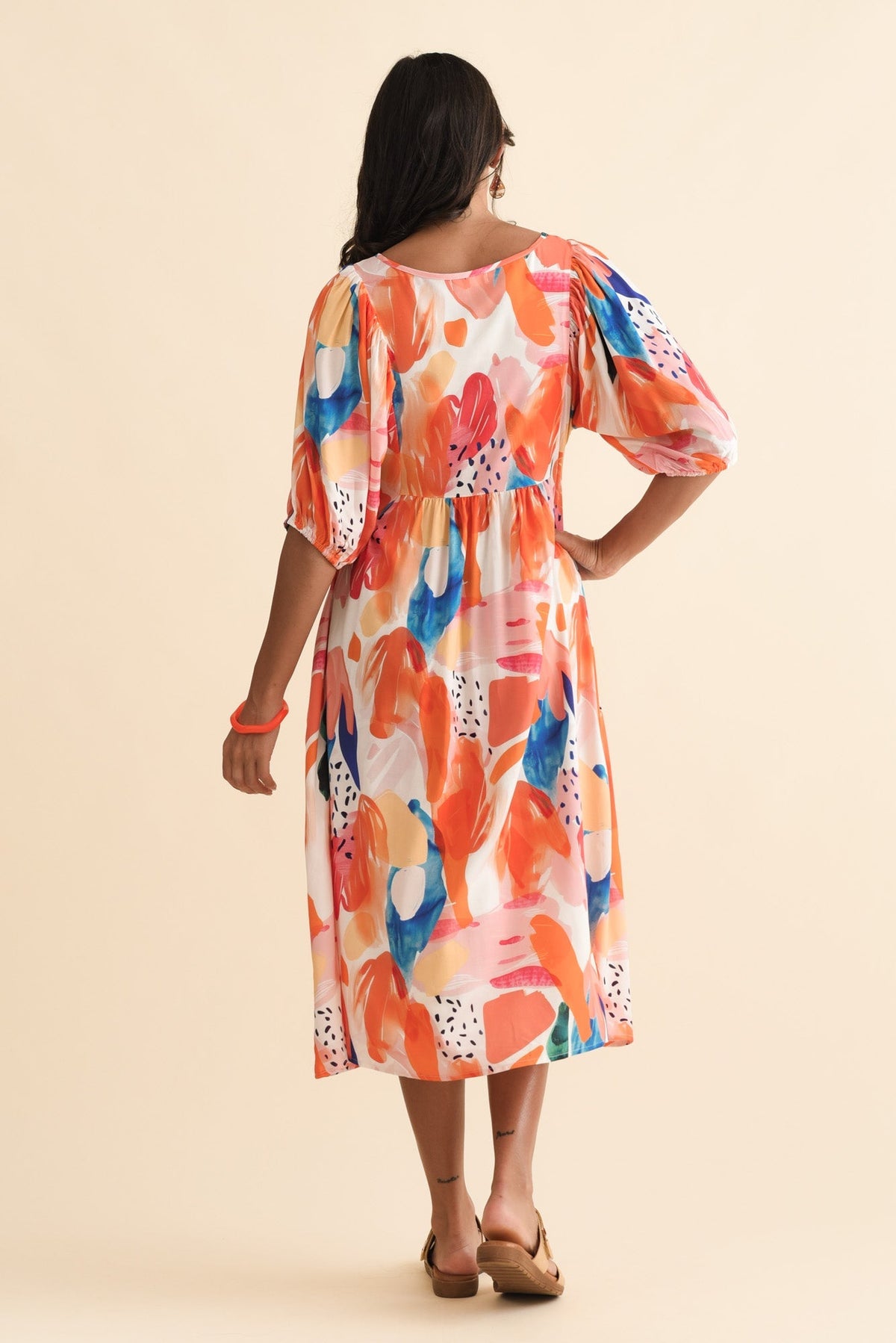 Kacey Orange Abstract Button Dress Side View