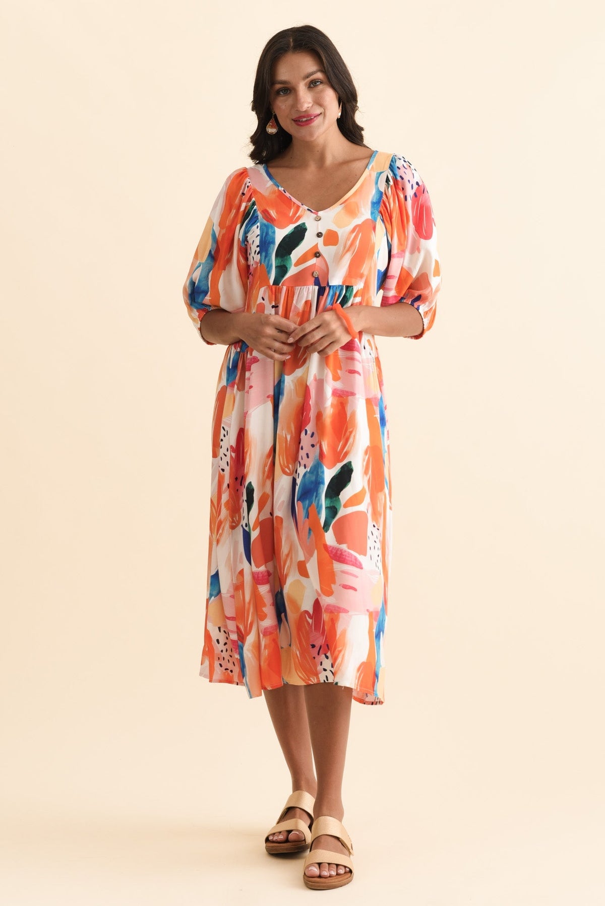 Kacey Orange Abstract Button Dress Front View