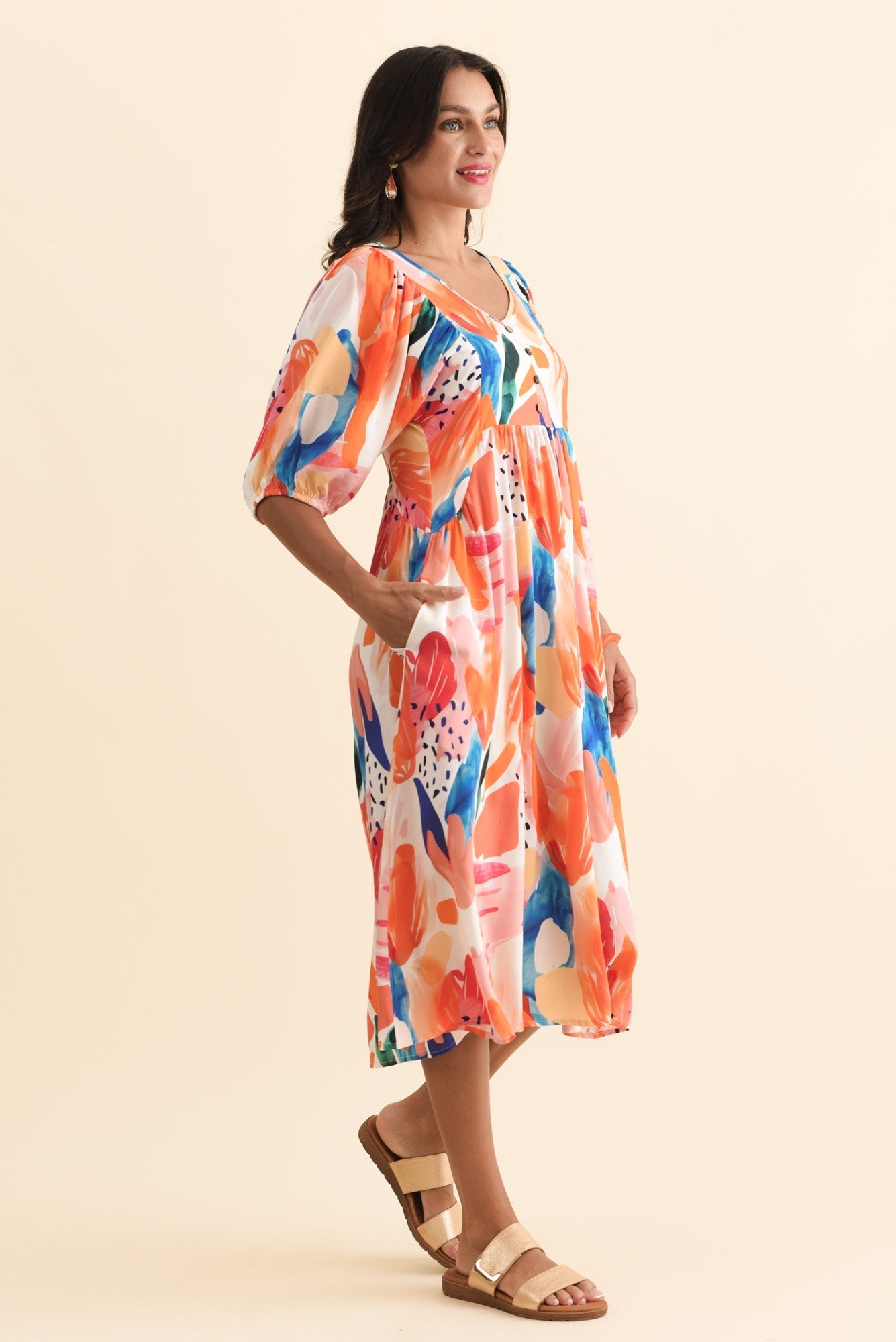 Kacey Orange Abstract Button Dress Back View