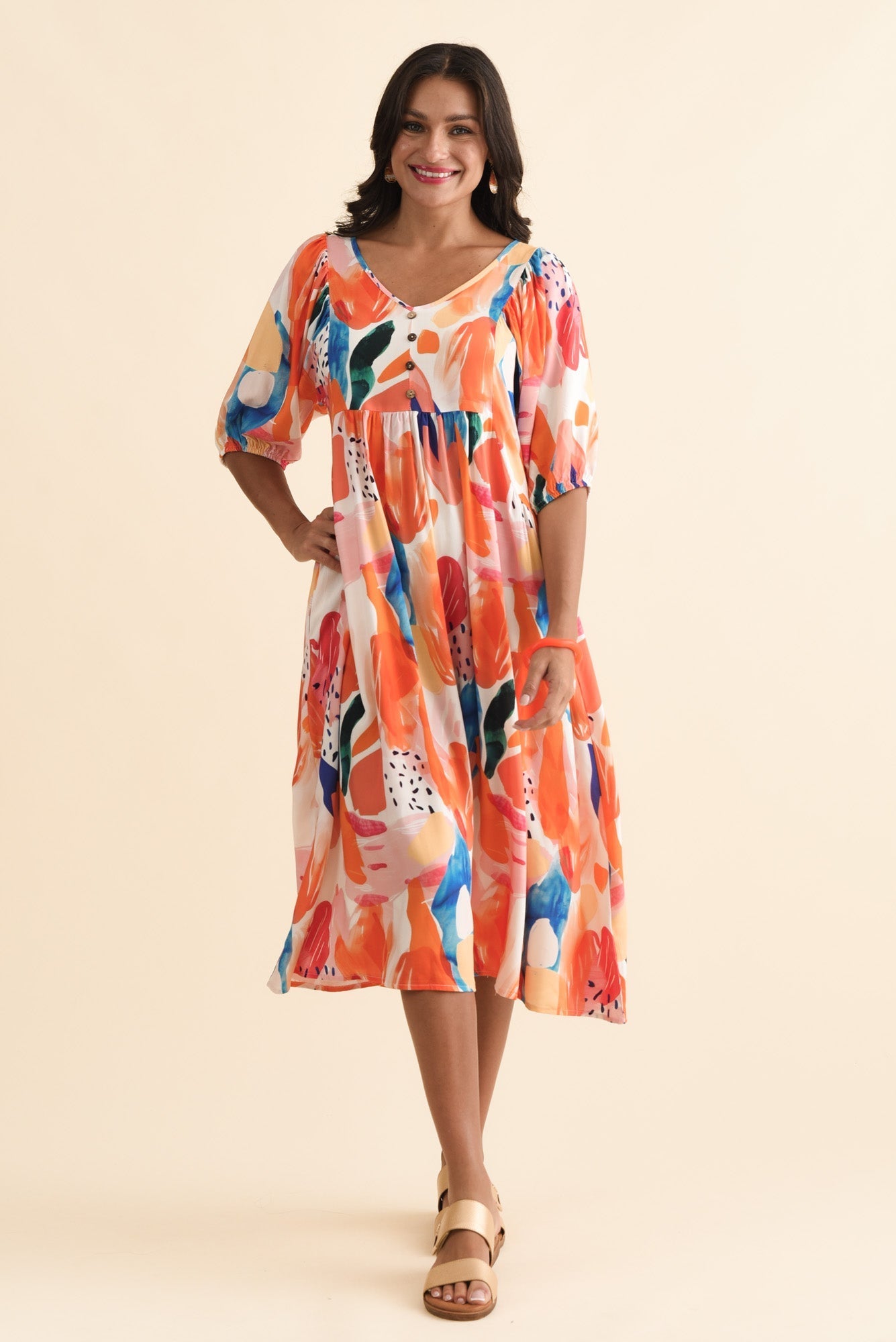 Kacey Orange Abstract Button Dress Front View 2