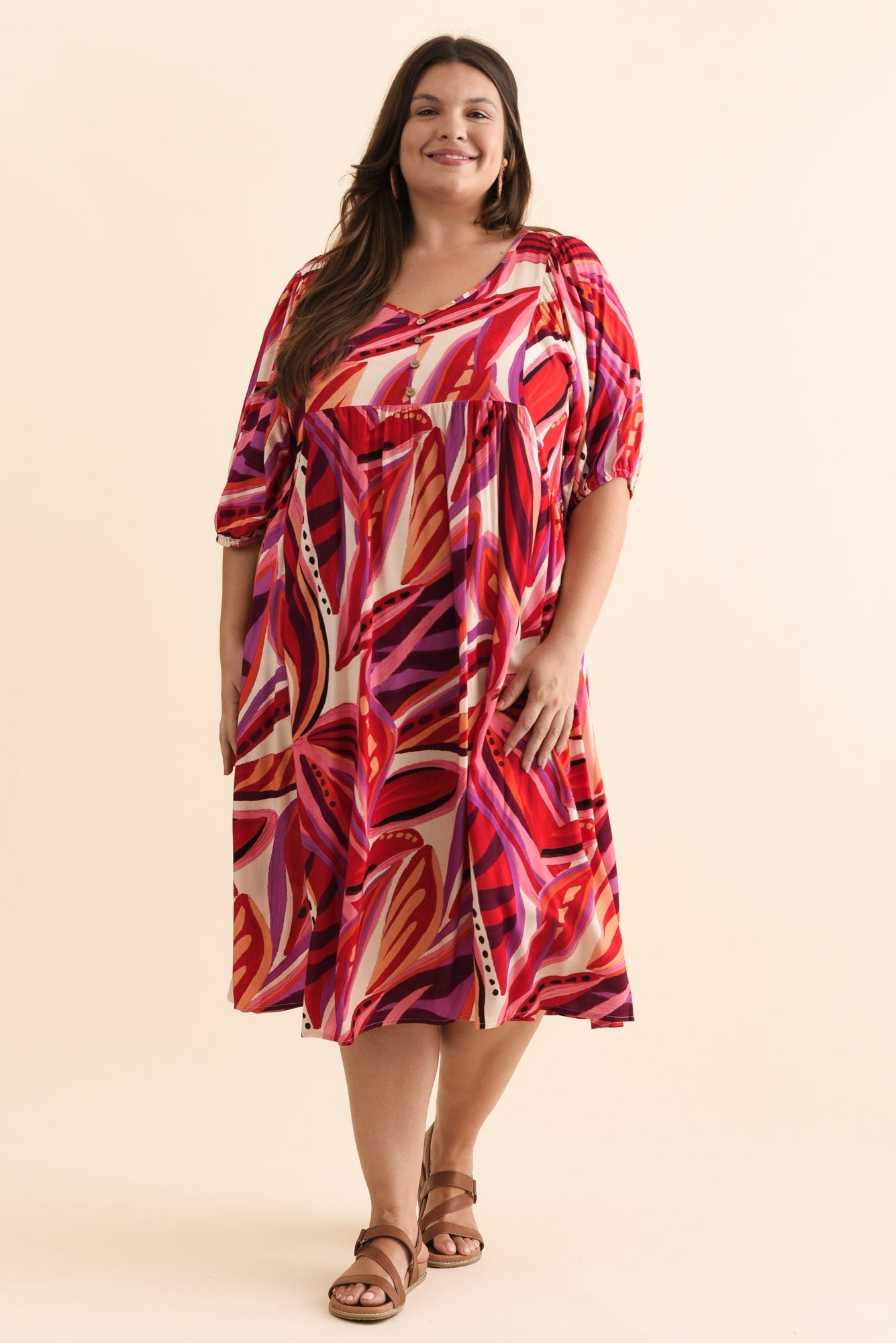 Kacey Pink Leaf Button Dress Side View 2