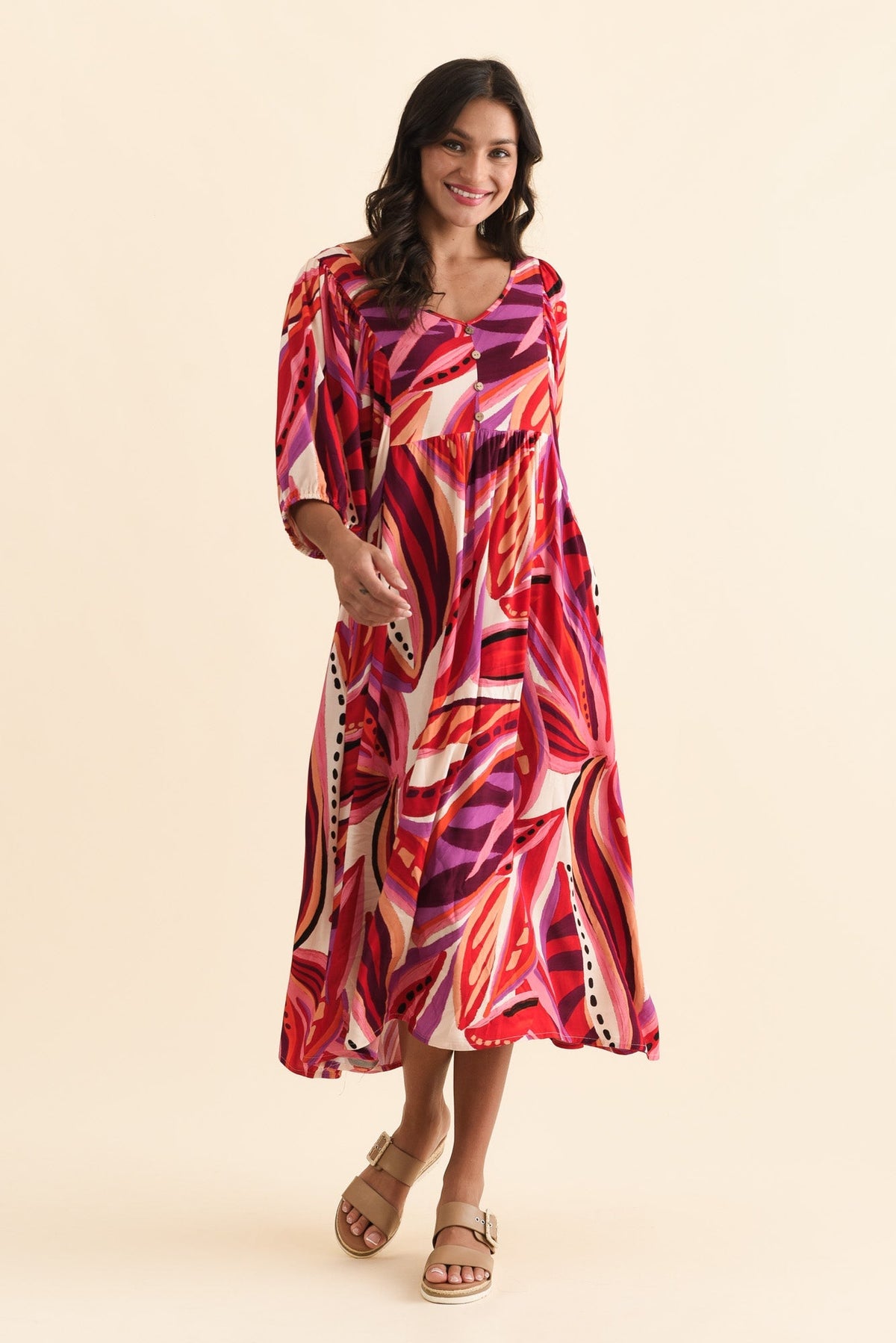 Kacey Pink Leaf Button Dress Front View