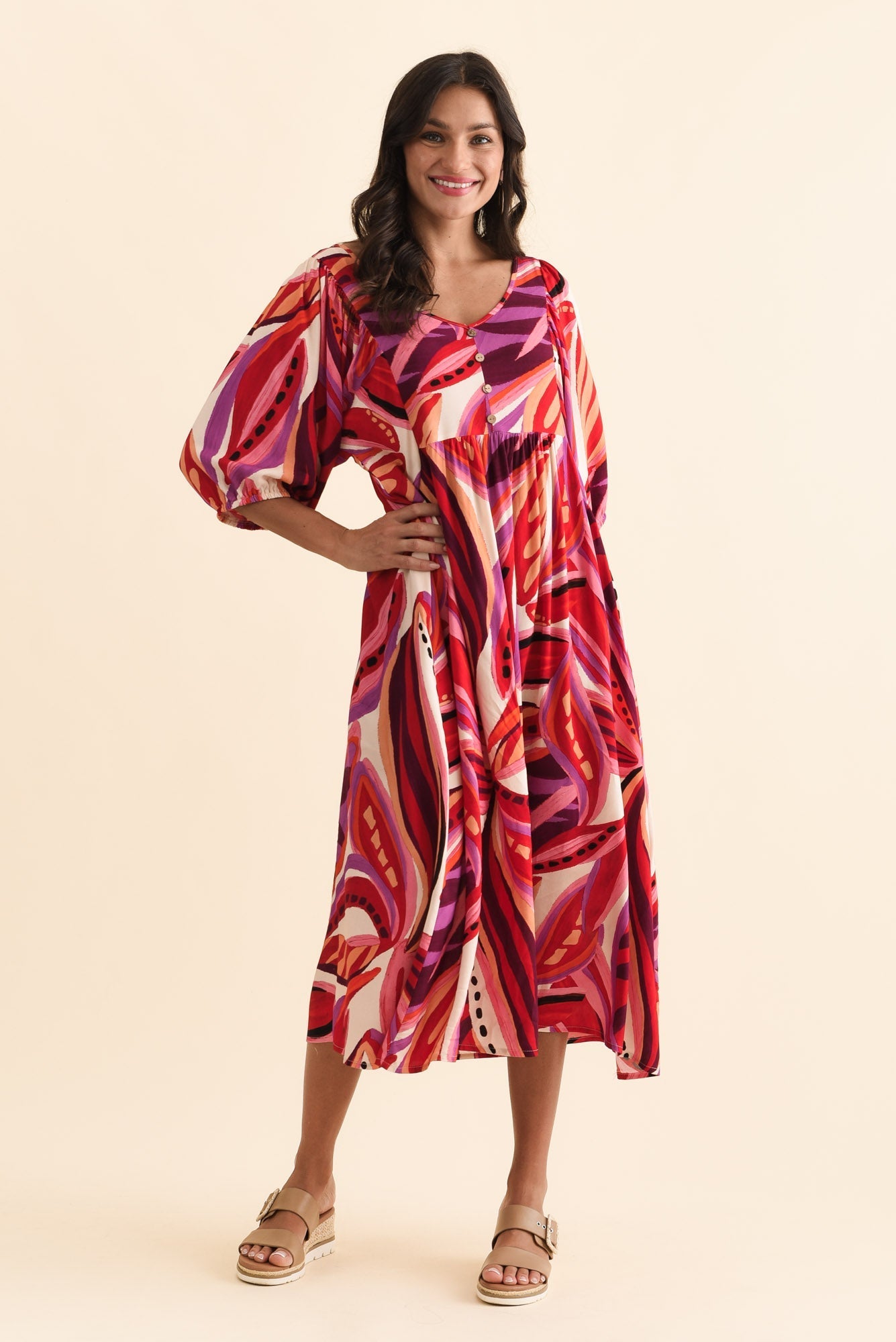 Kacey Pink Leaf Button Dress Back View 2