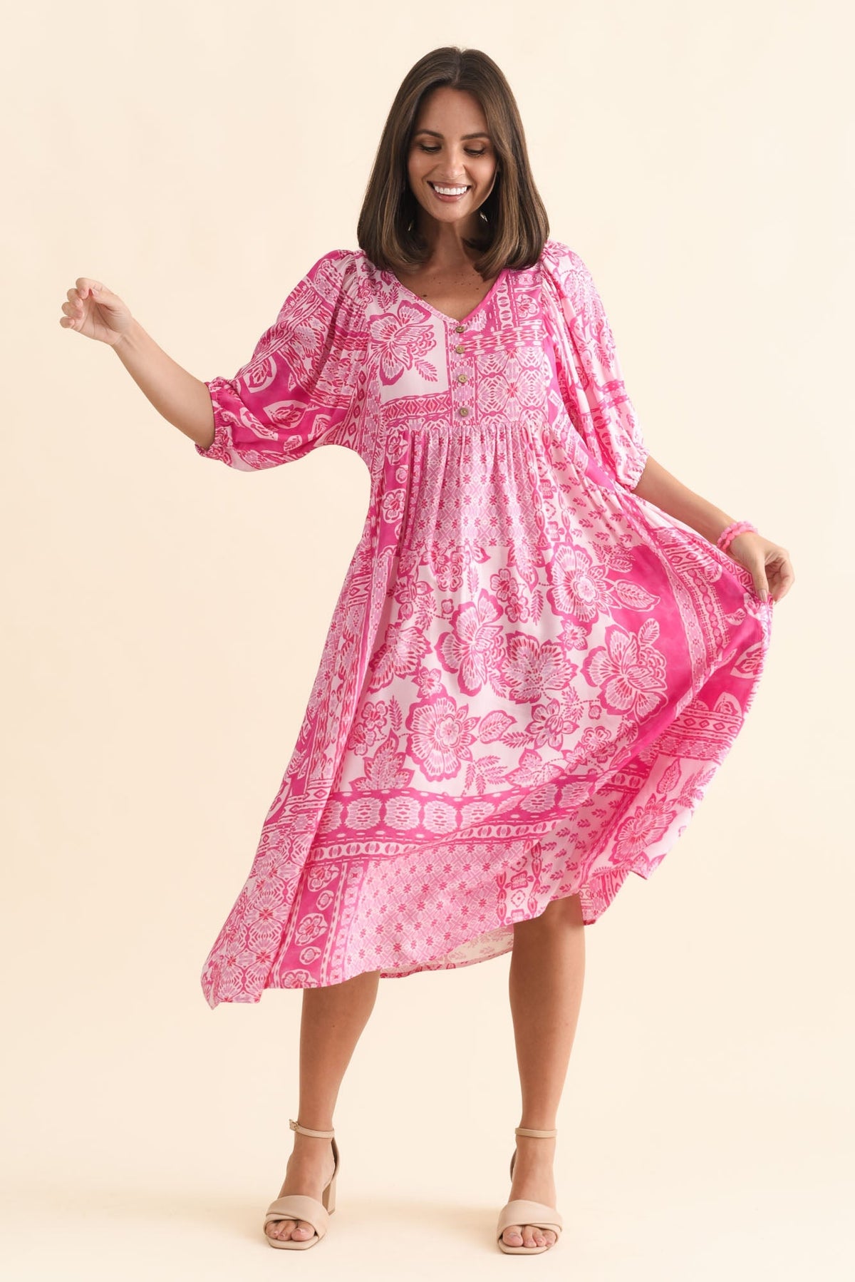 Kacey Pink Tile Button Dress Back View