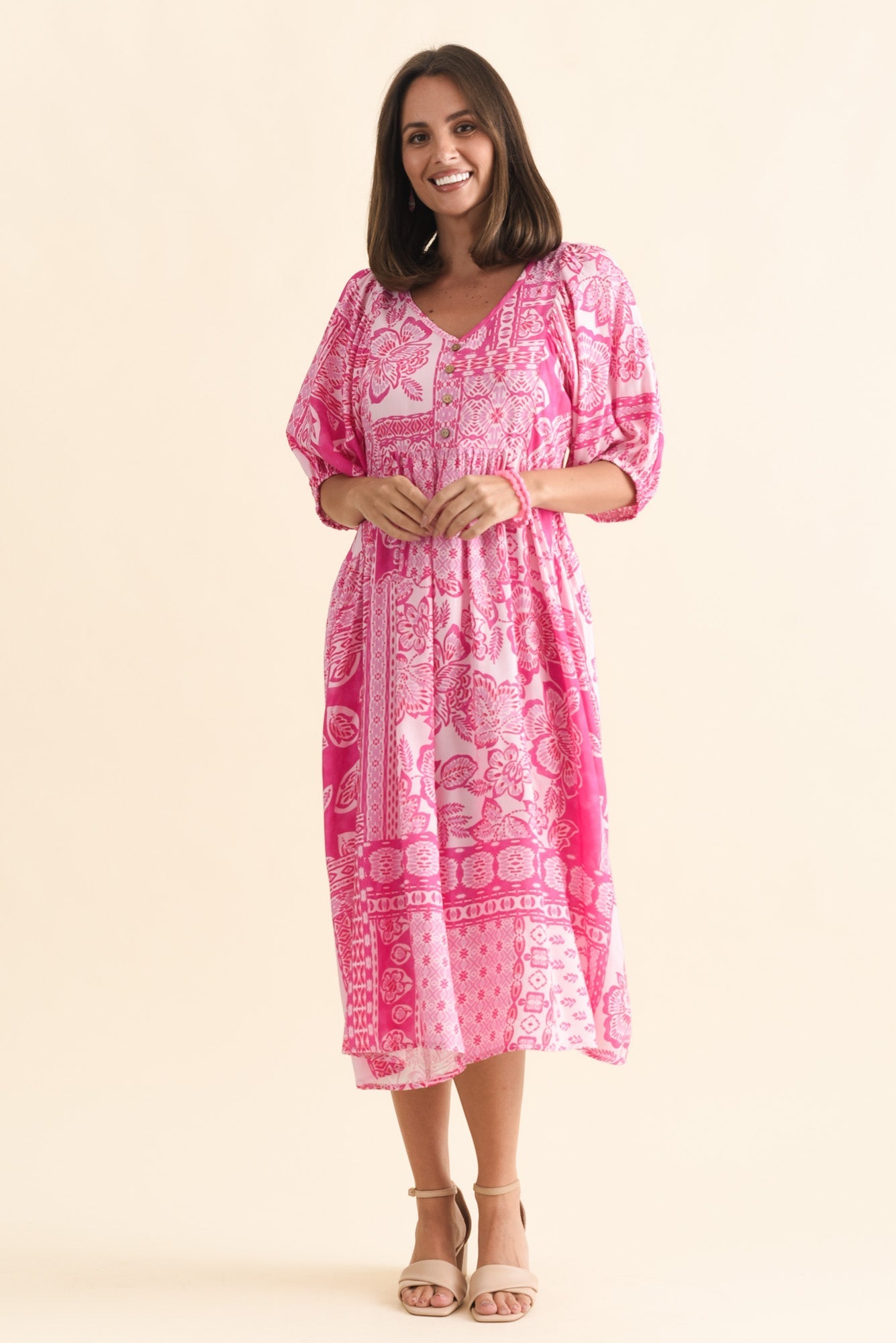 Kacey Pink Tile Button Dress Back View 2