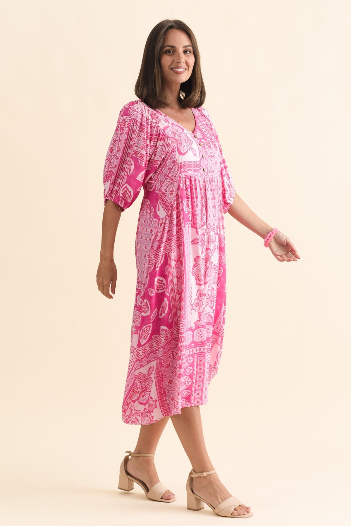 Kacey Pink Tile Button Dress Side View