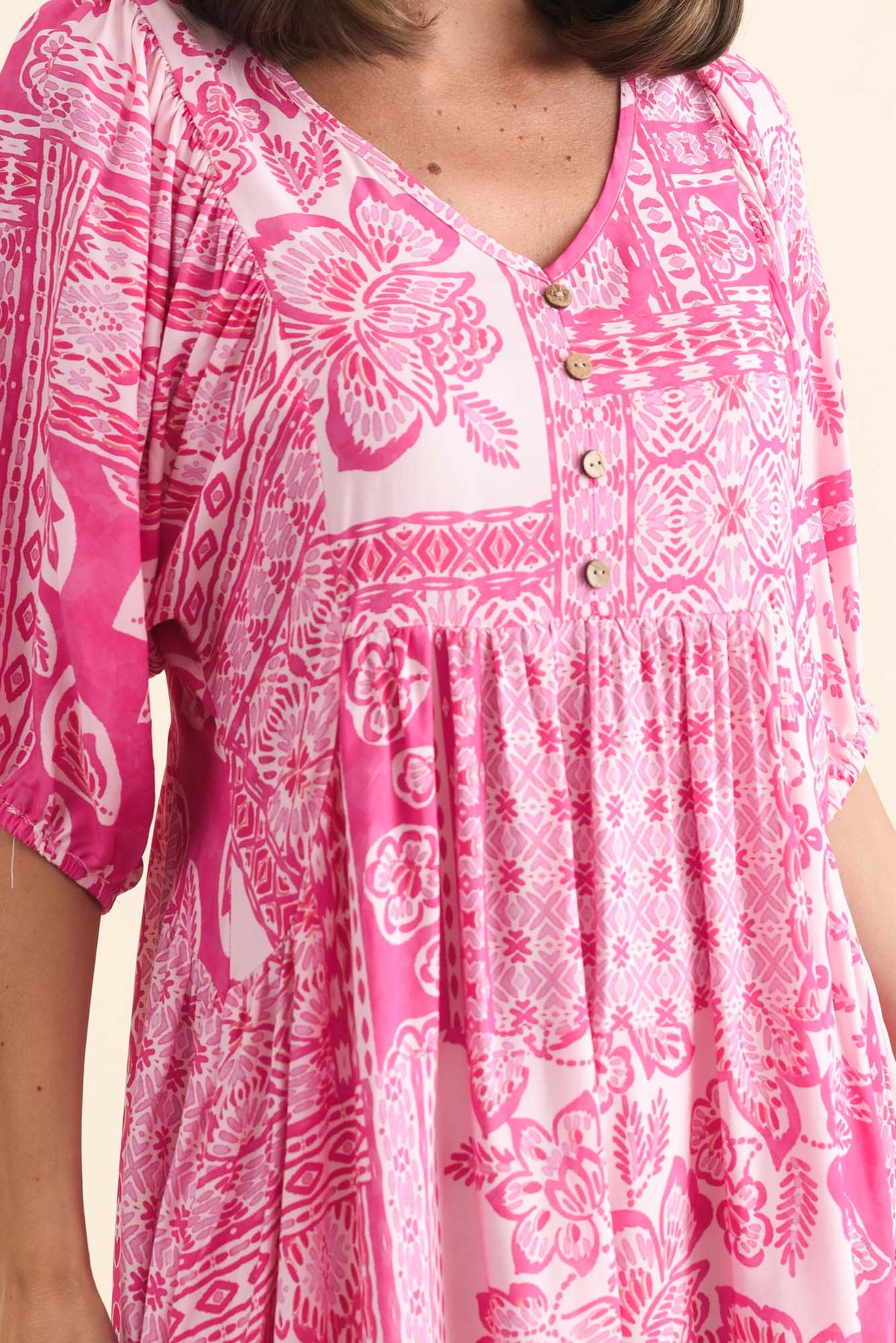 Kacey Pink Tile Button Dress Full Length View