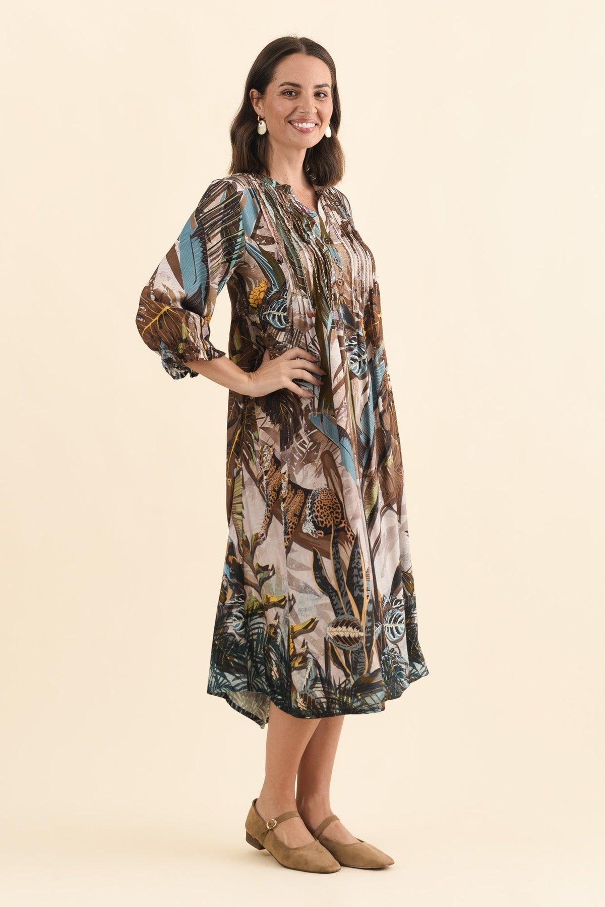 Kalmia Brown Jungle Pleated Tie Dress Side View
