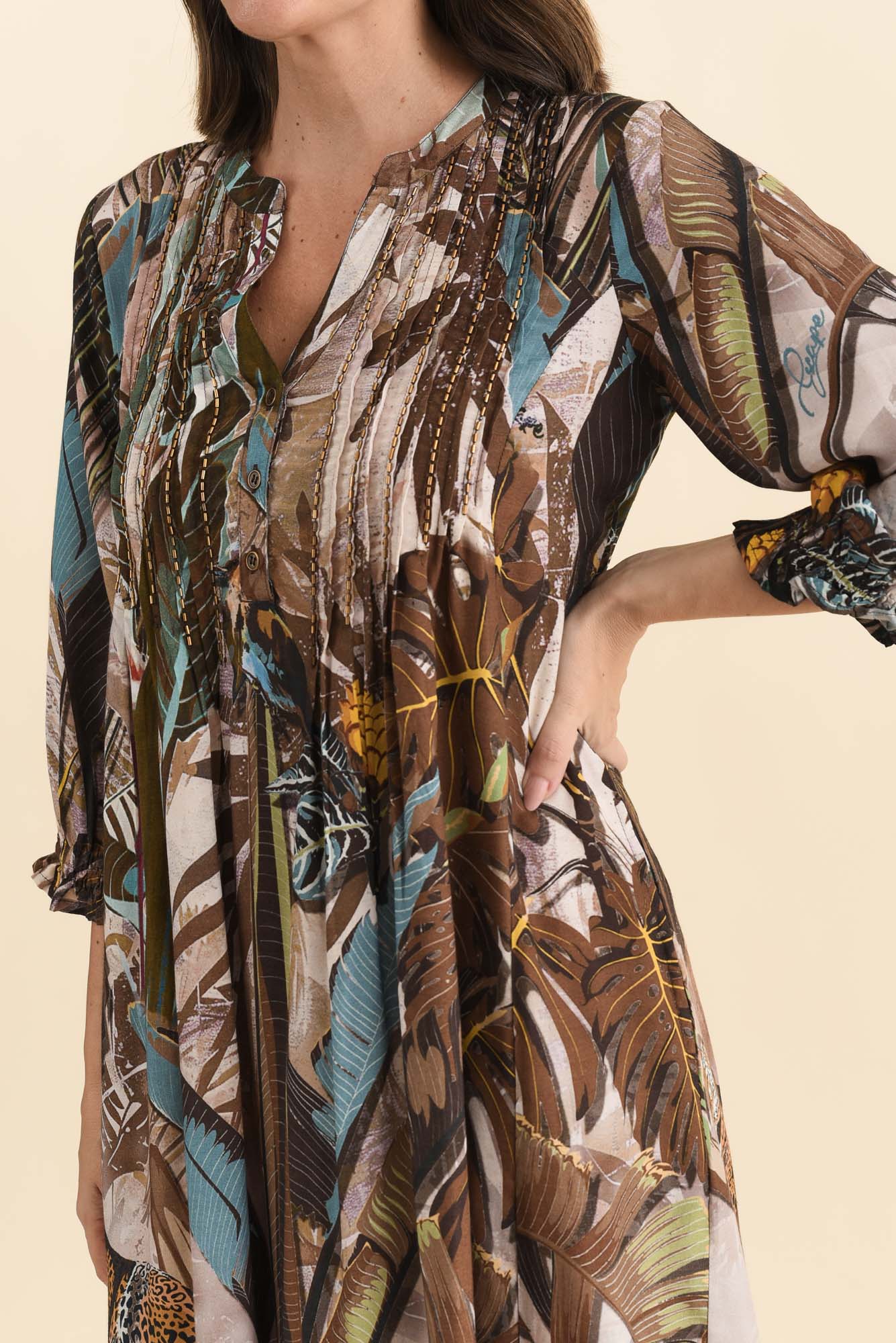 Kalmia Brown Jungle Pleated Tie Dress Full Length View