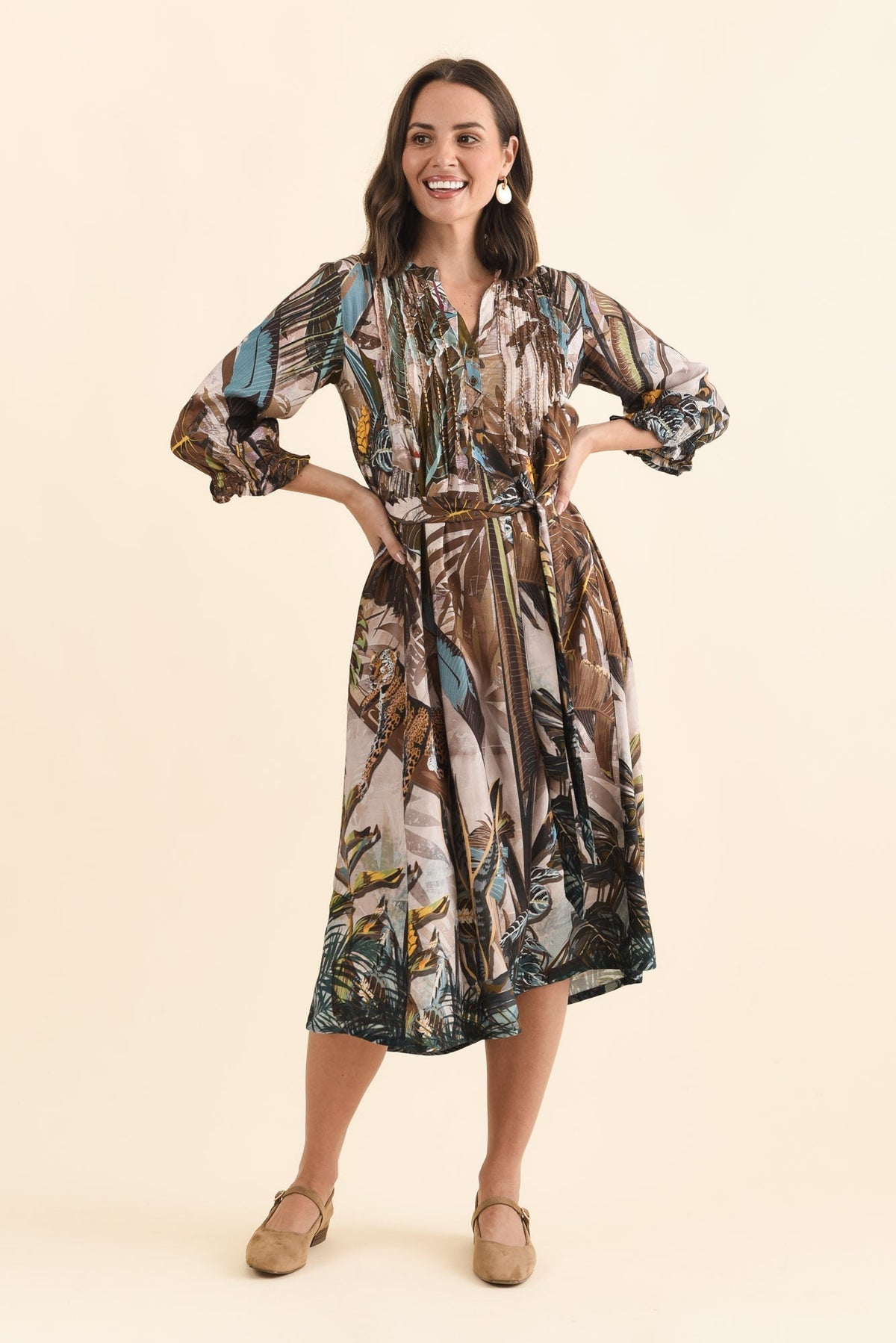 Kalmia Brown Jungle Pleated Tie Dress Back View 2