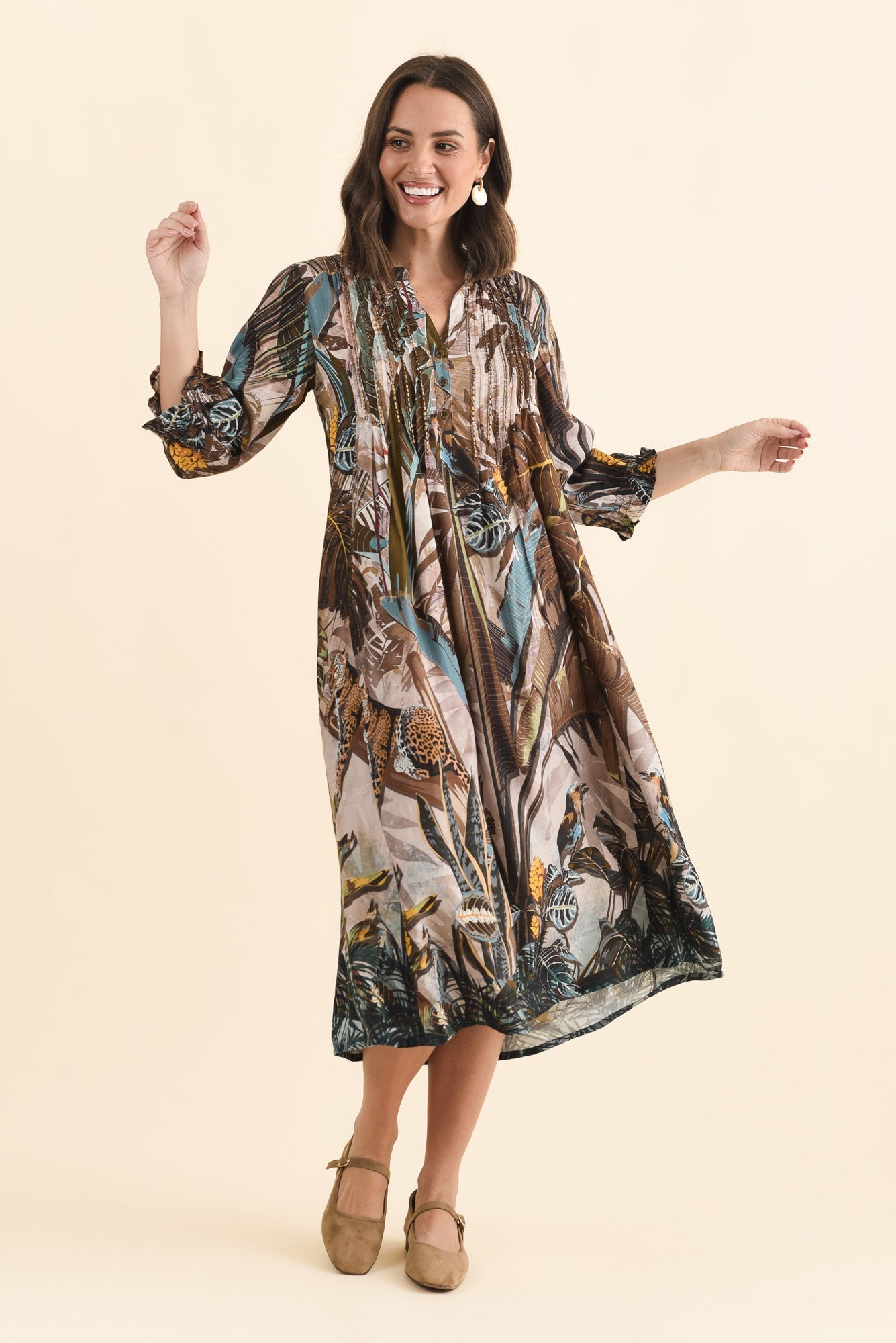 Kalmia Brown Jungle Pleated Tie Dress Back View