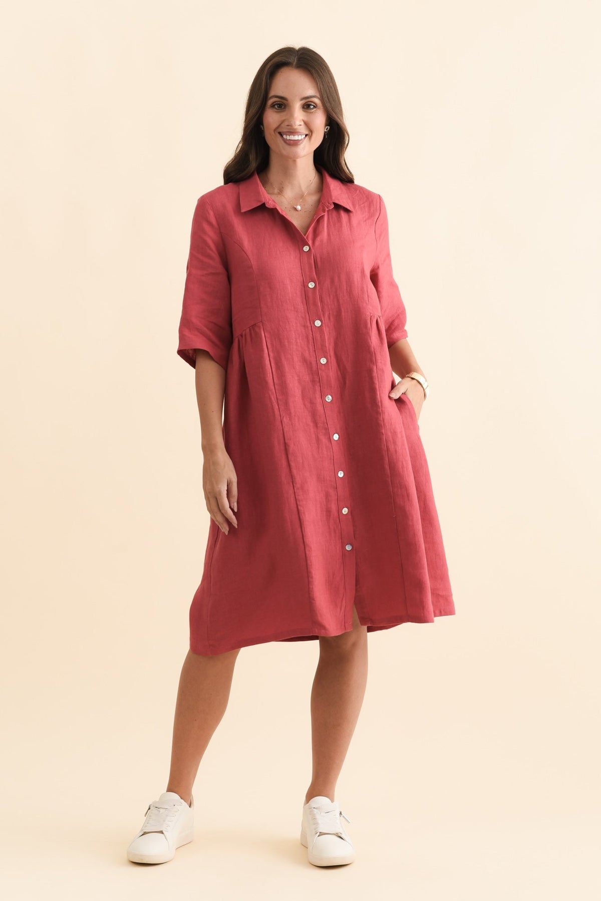Katy Berry Linen Pocket Dress Front View