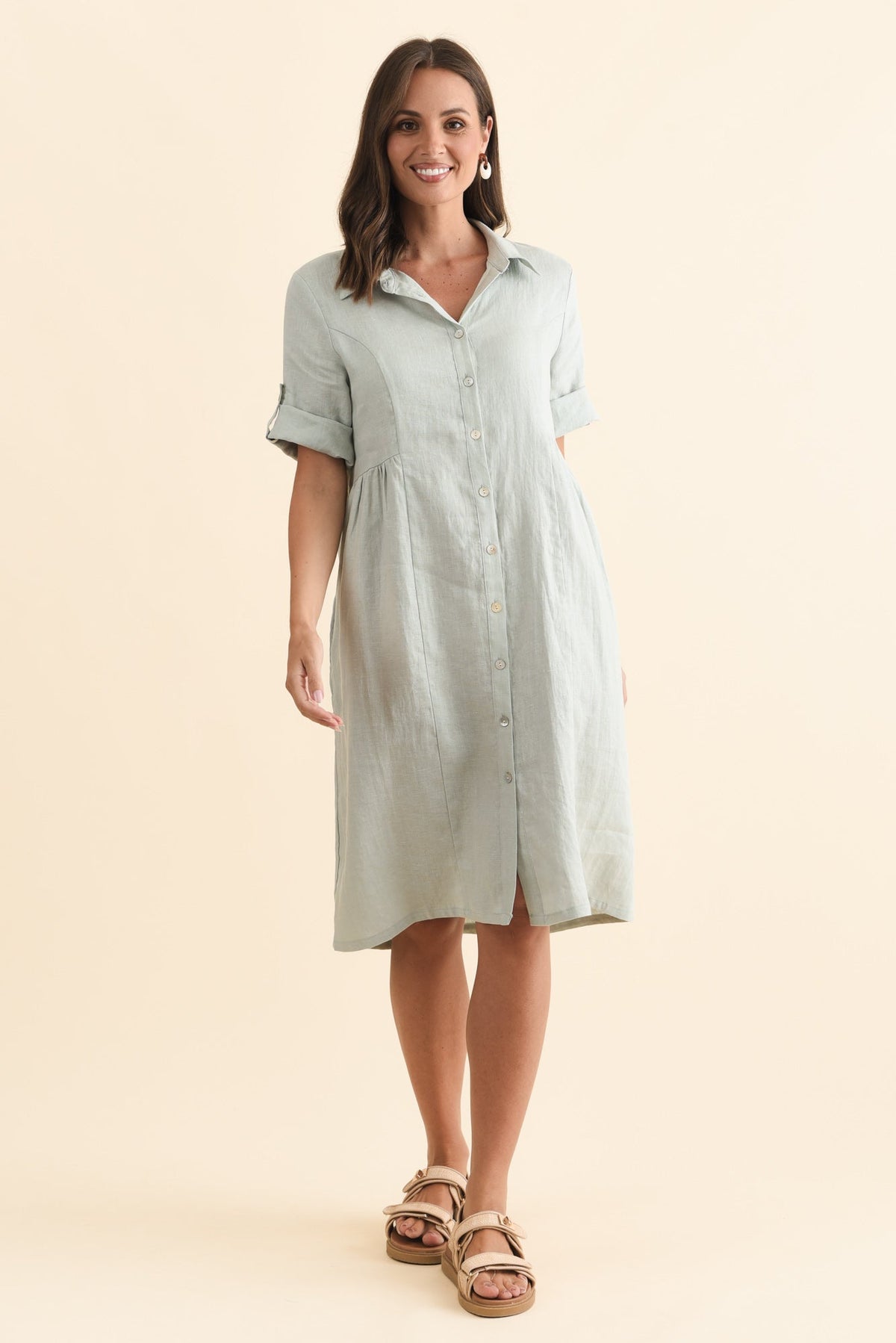 Katy Mint Linen Pocket Dress Full Length View