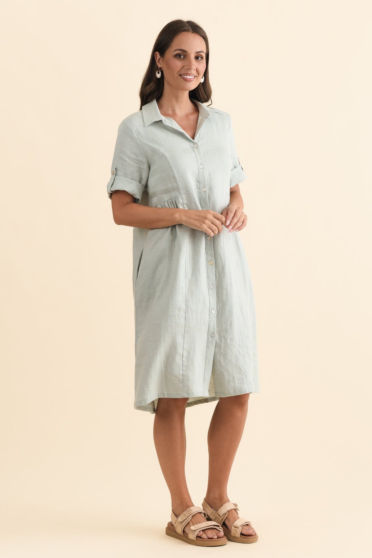 Katy Mint Linen Pocket Dress Back View