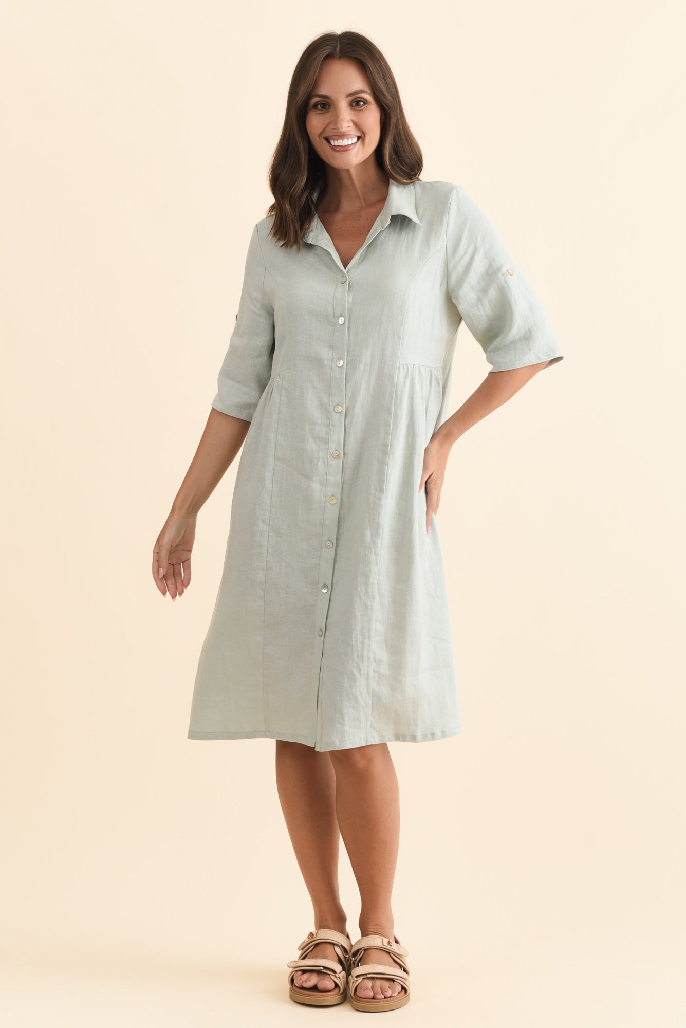 Katy Mint Linen Pocket Dress Front View