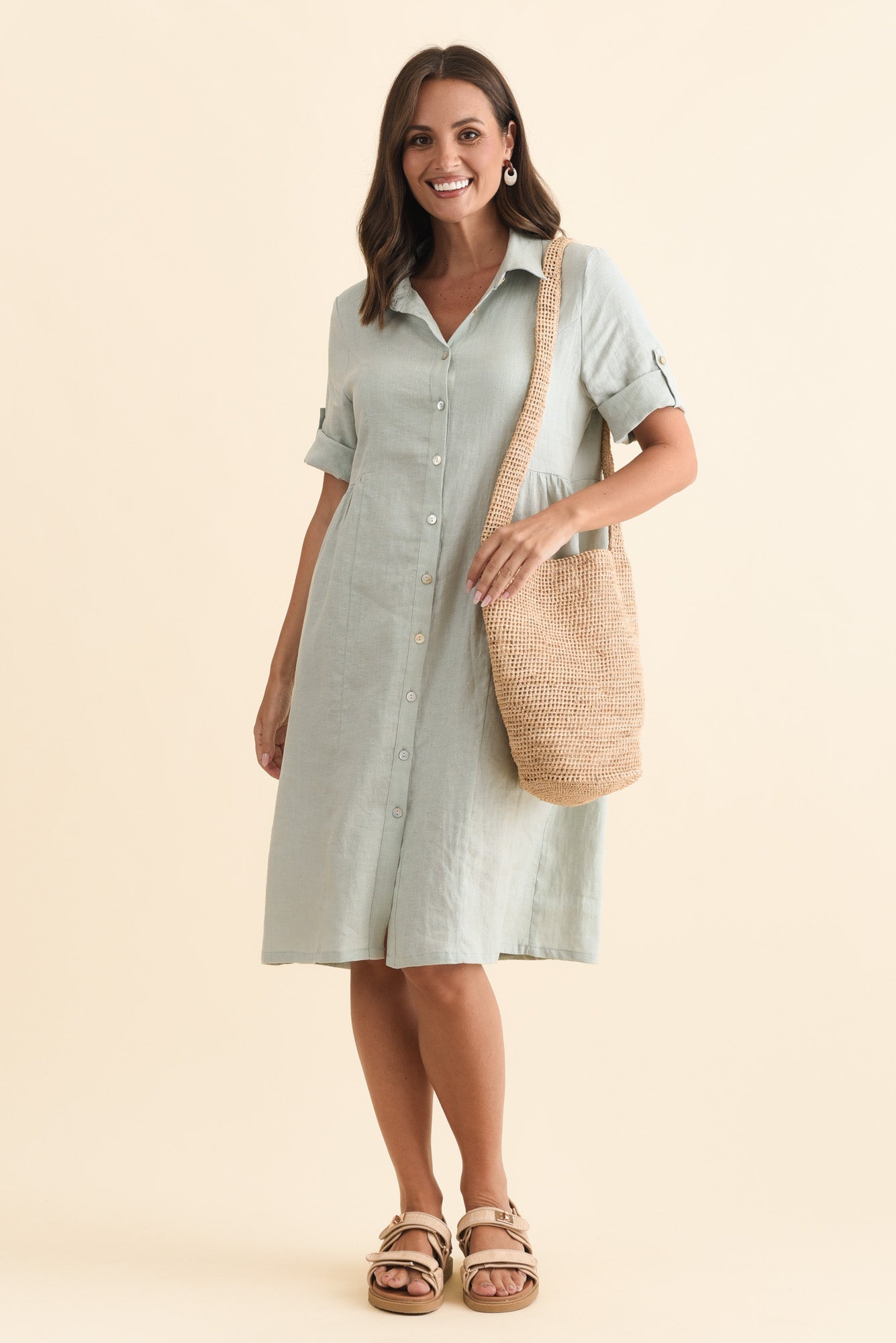 Katy Mint Linen Pocket Dress Front View 2