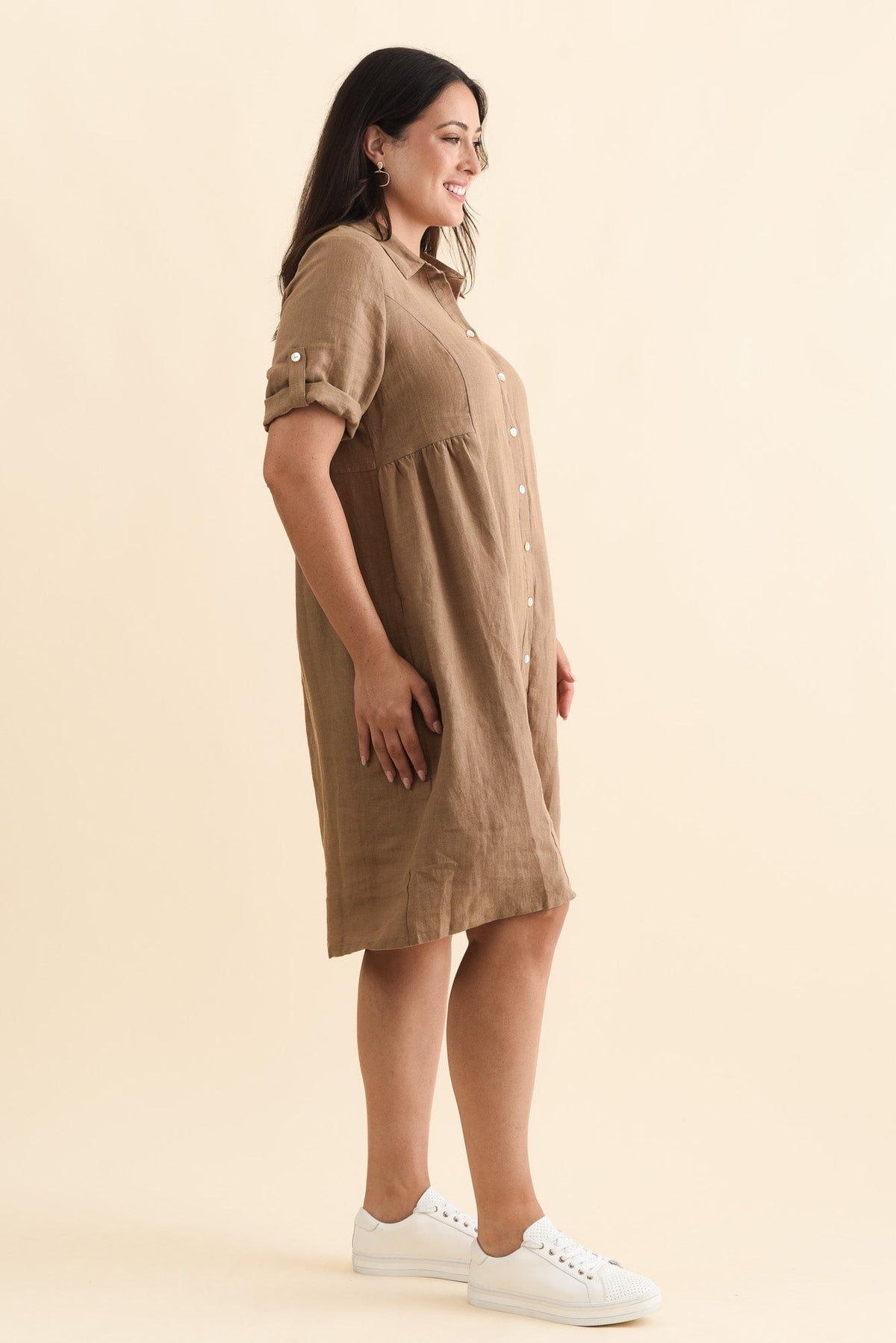Katy Mocha Linen Pocket Dress Styled View 2