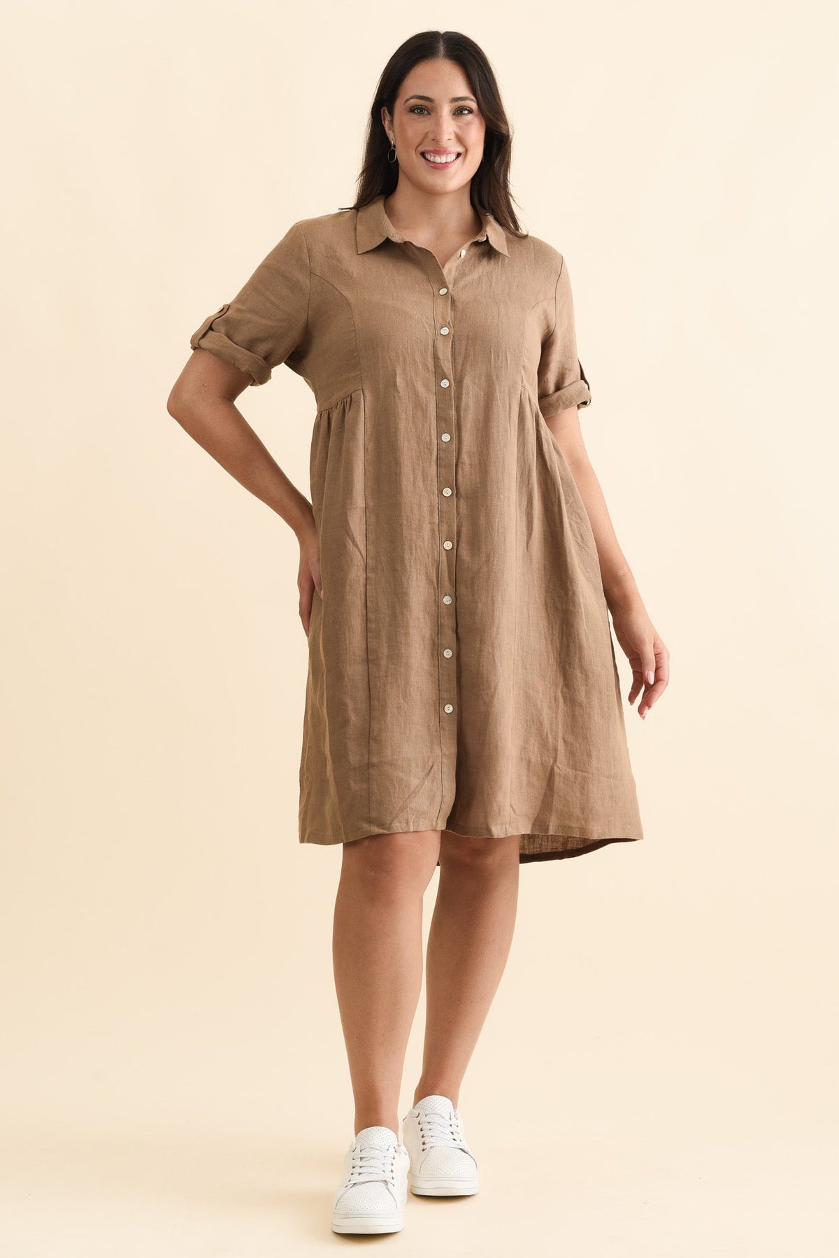 Katy Mocha Linen Pocket Dress Detail View 2