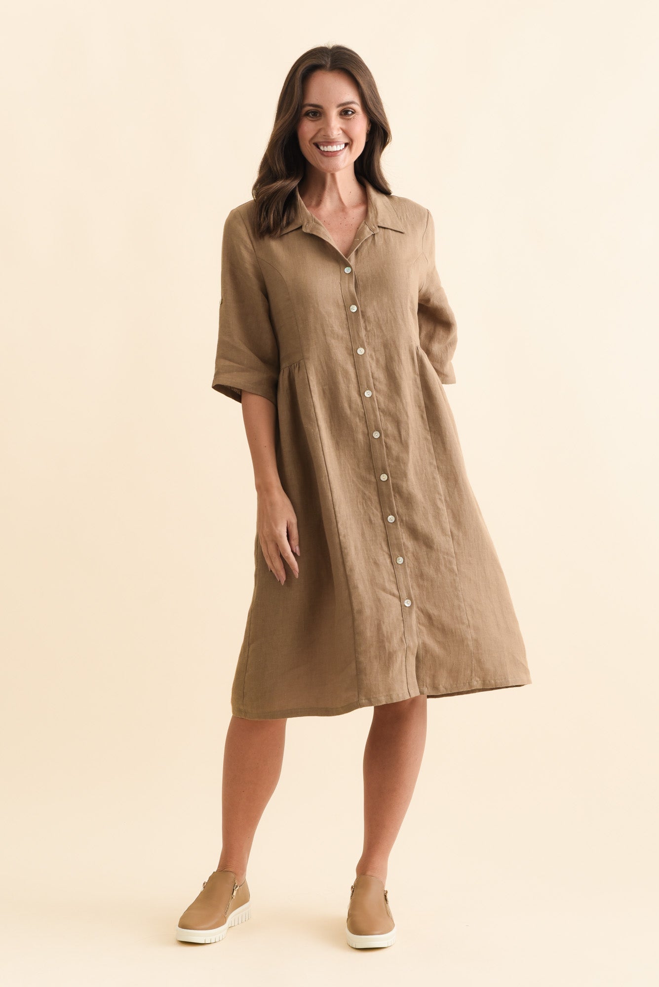 Katy Mocha Linen Pocket Dress Back View