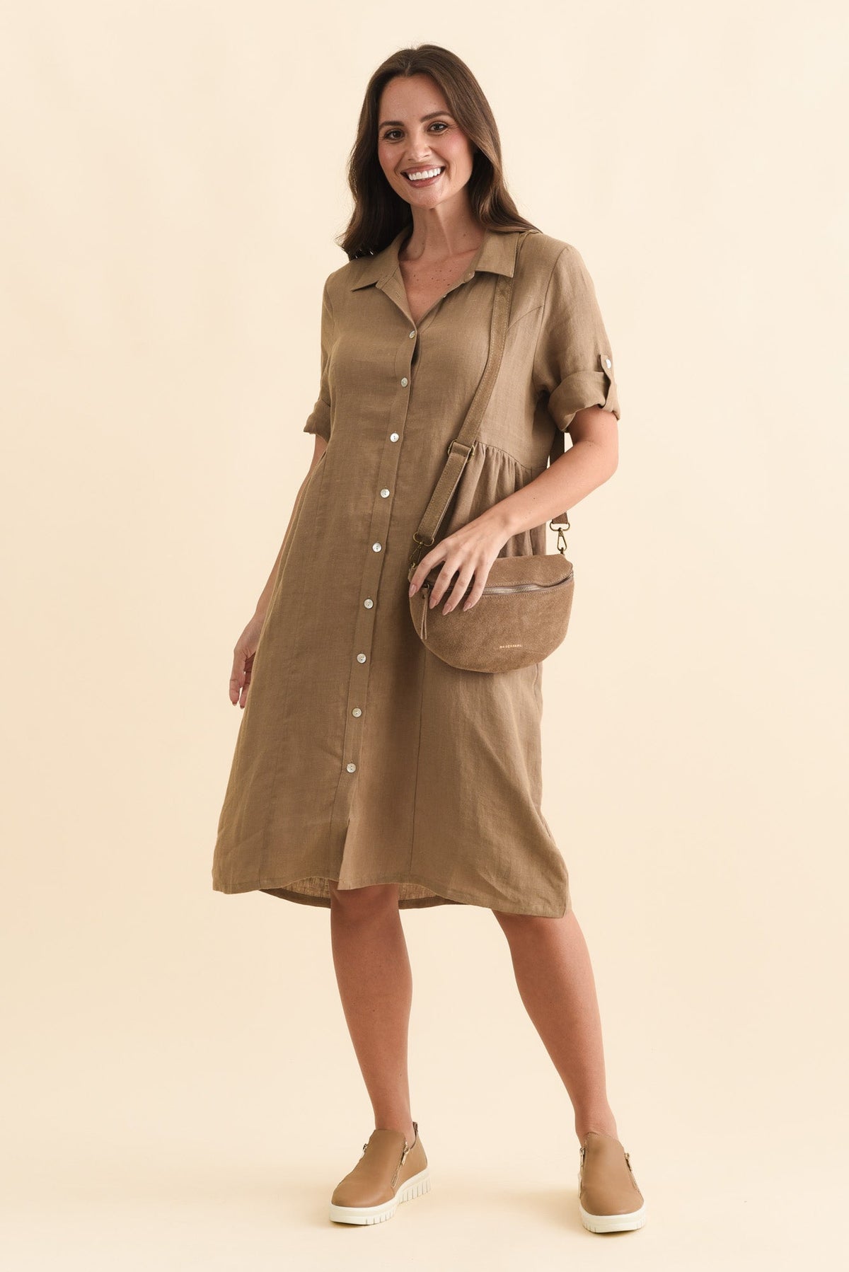 Katy Mocha Linen Pocket Dress Front View