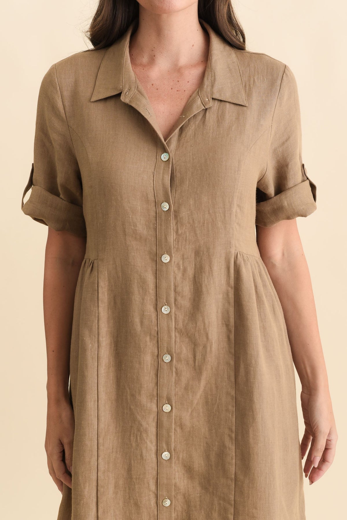 Katy Mocha Linen Pocket Dress Full Length View