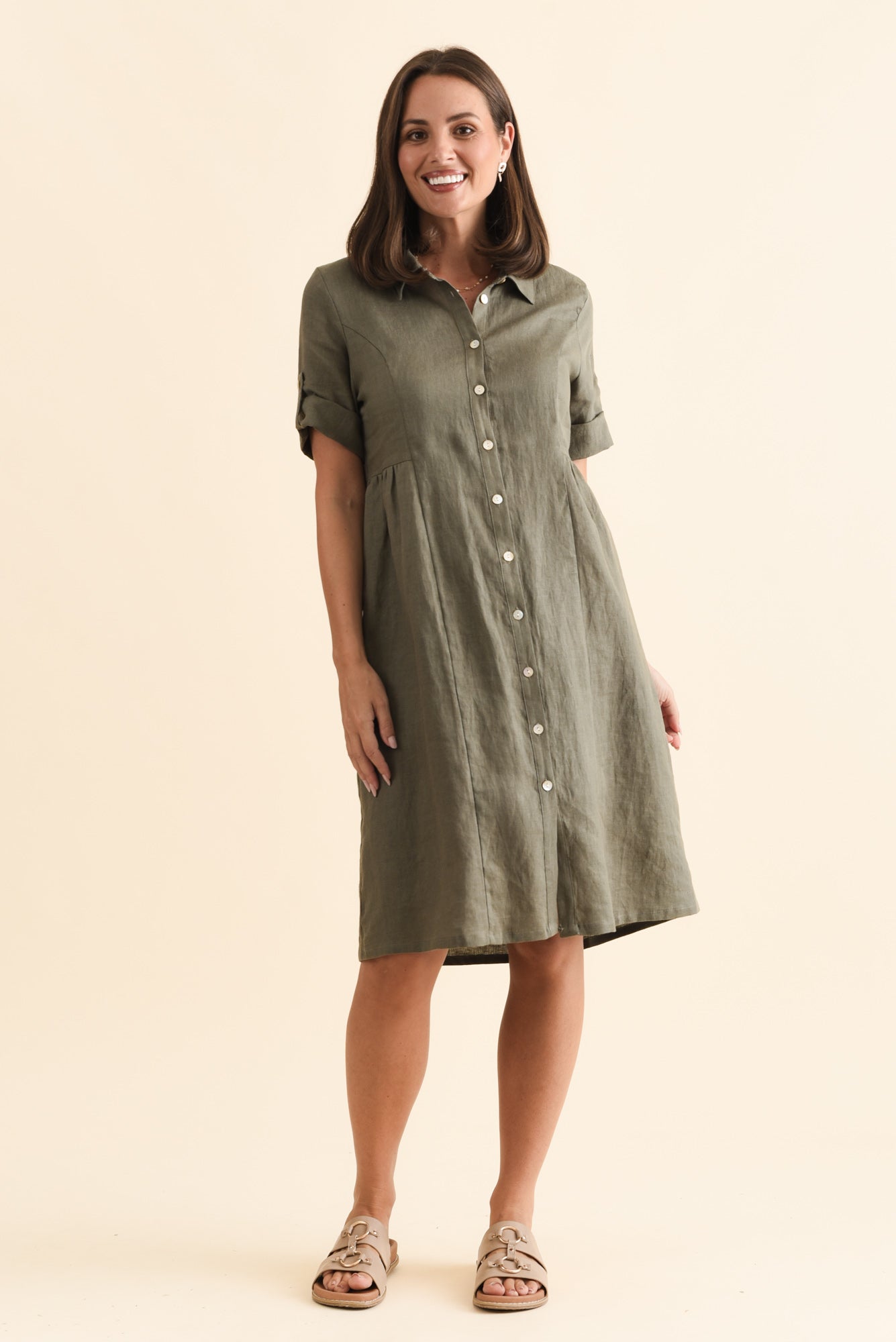 Katy Olive Linen Pocket Dress Front View 2