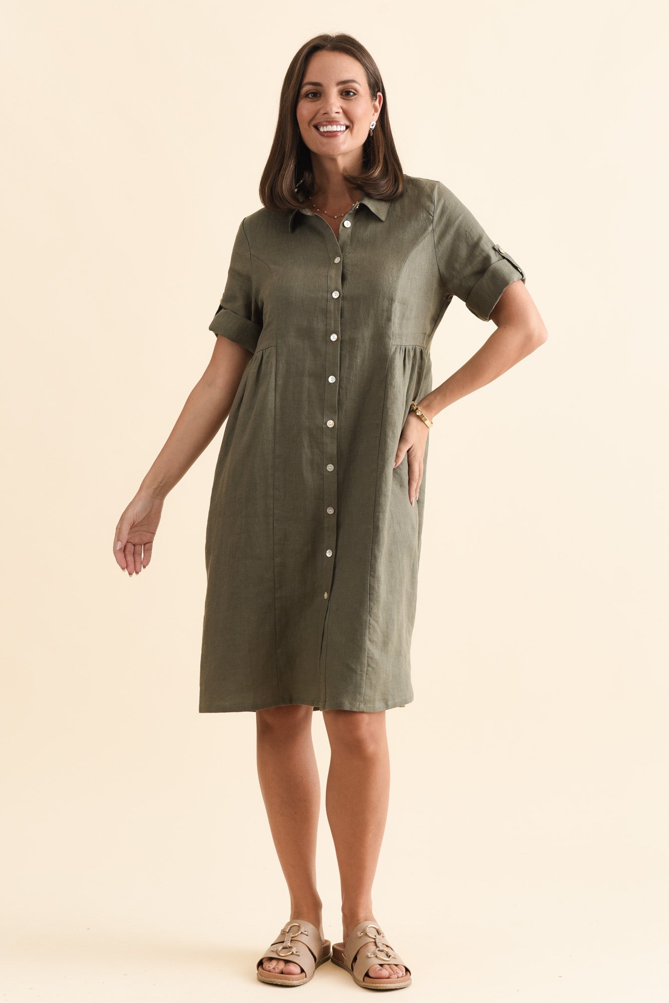 Katy Olive Linen Pocket Dress Front View