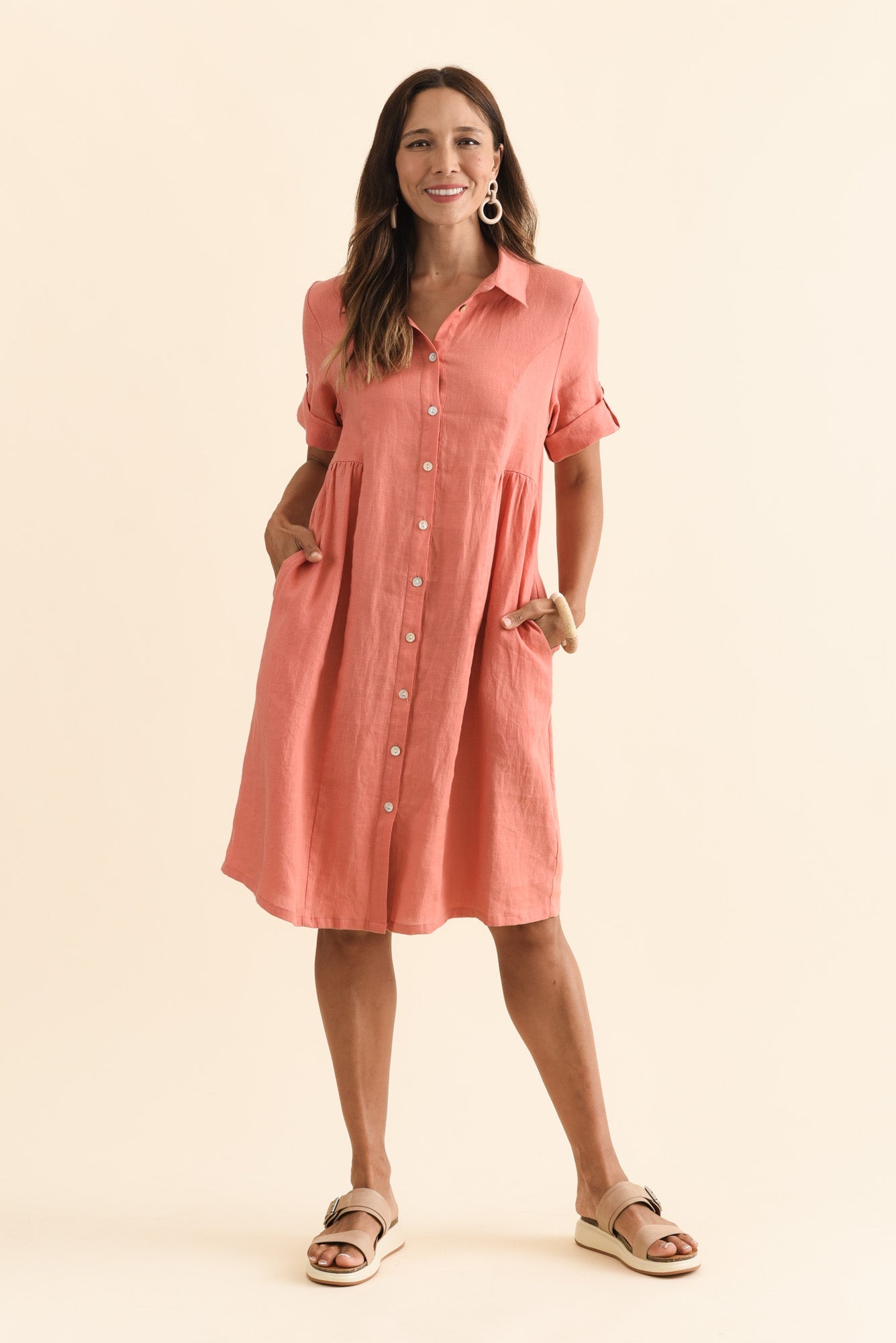 Katy Orange Linen Pocket Dress Front View