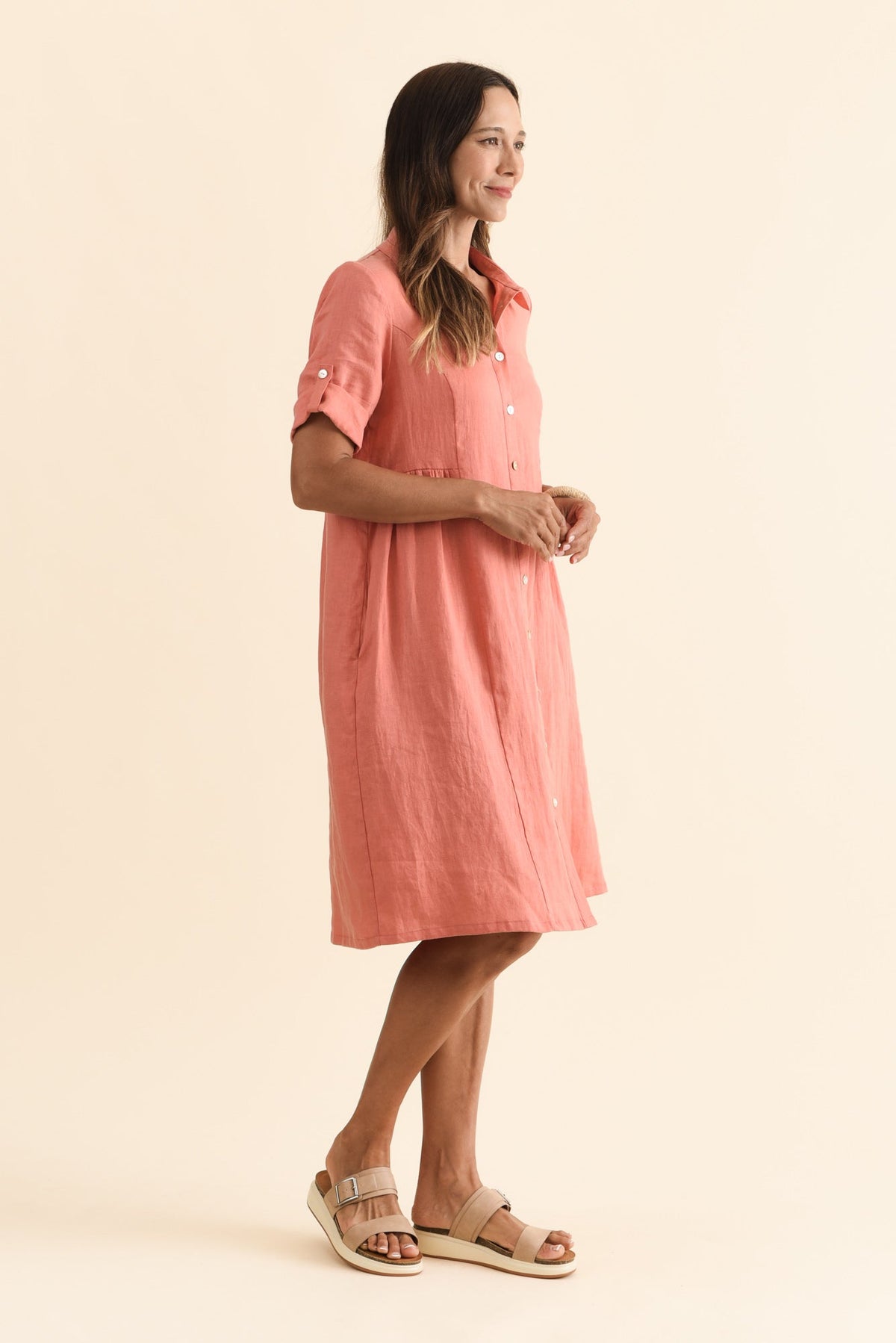 Katy Orange Linen Pocket Dress Side View