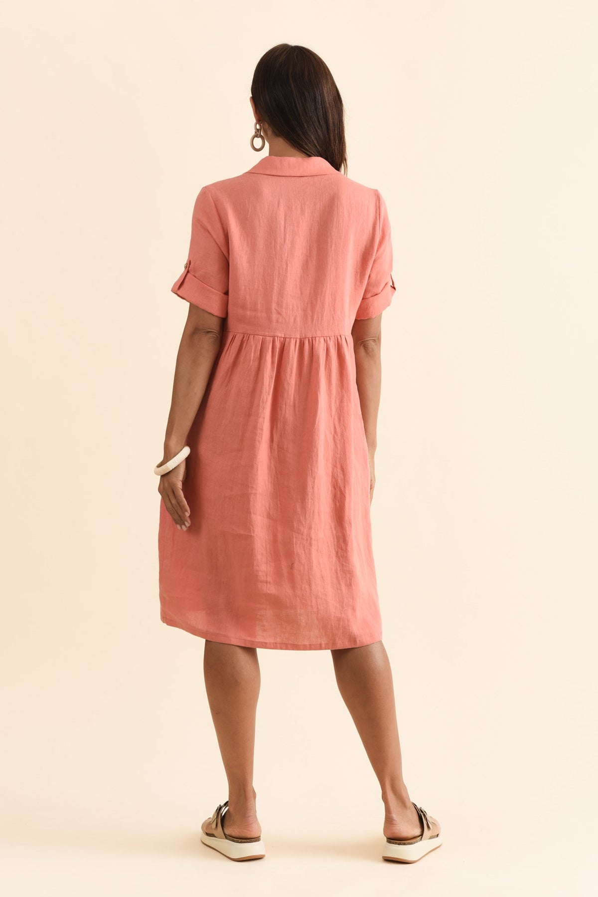 Katy Orange Linen Pocket Dress Detail View