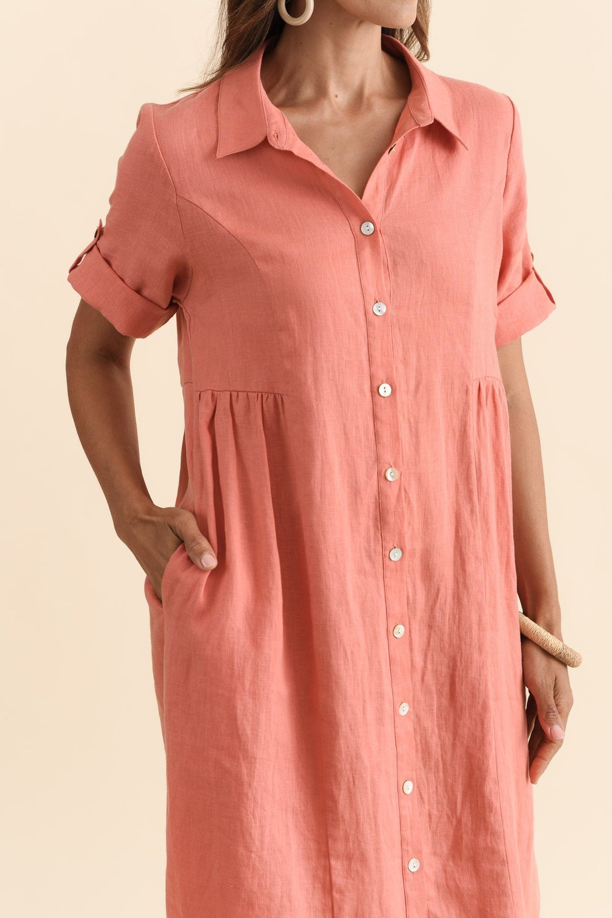 Katy Orange Linen Pocket Dress Full Length View