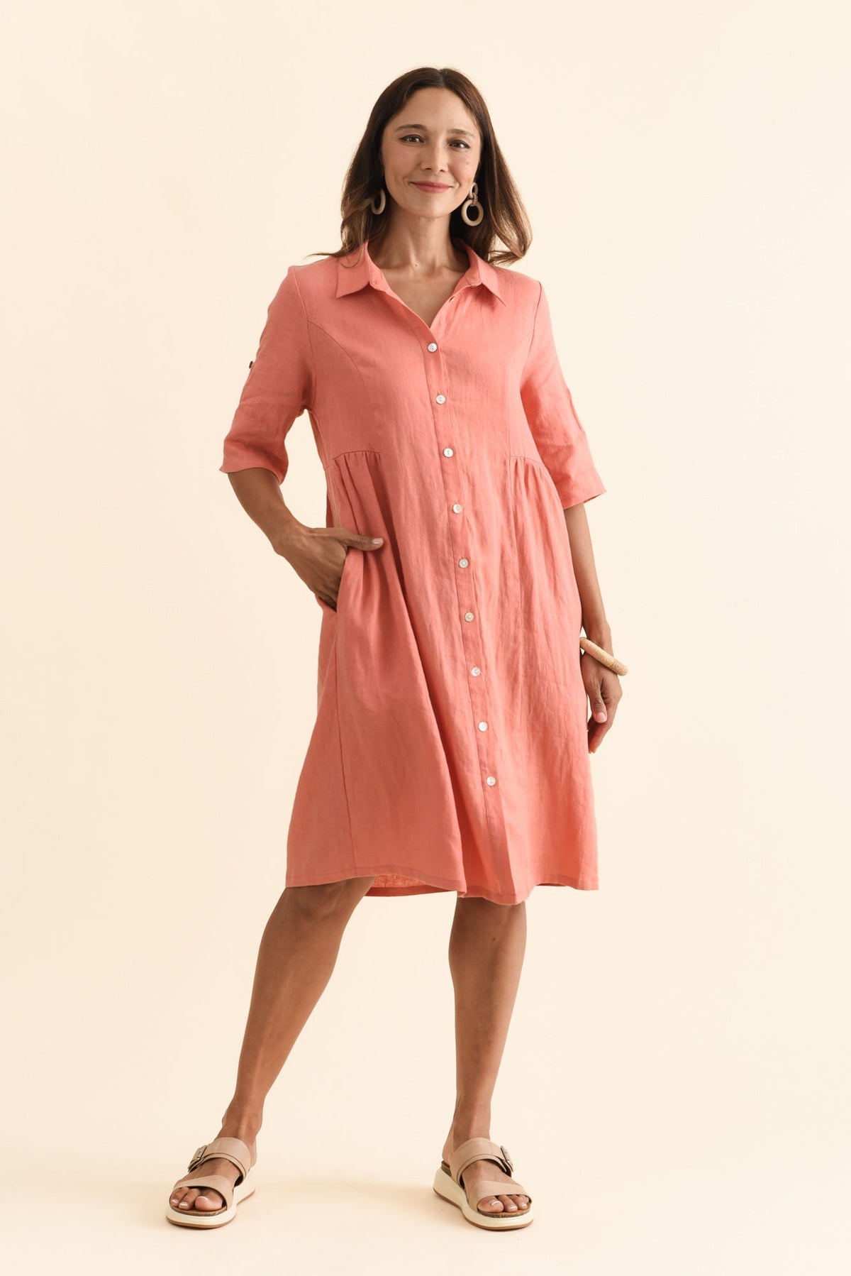 Katy Orange Linen Pocket Dress Back View