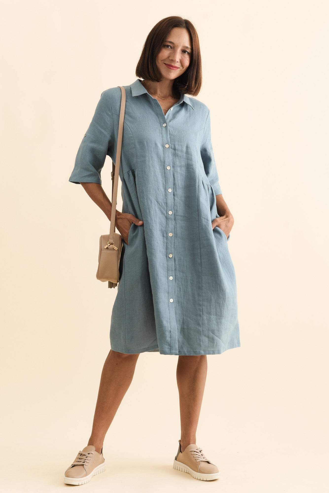 Katy Steel Linen Pocket Dress Styled View