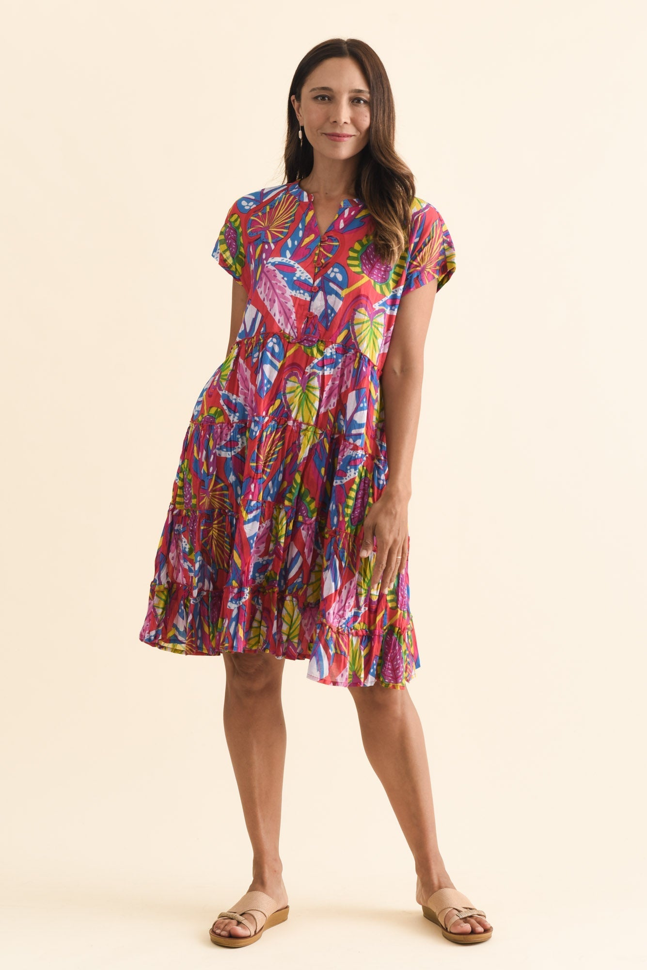 Kaylee Orange Tropical Crinkle Cotton Dress Front View 2