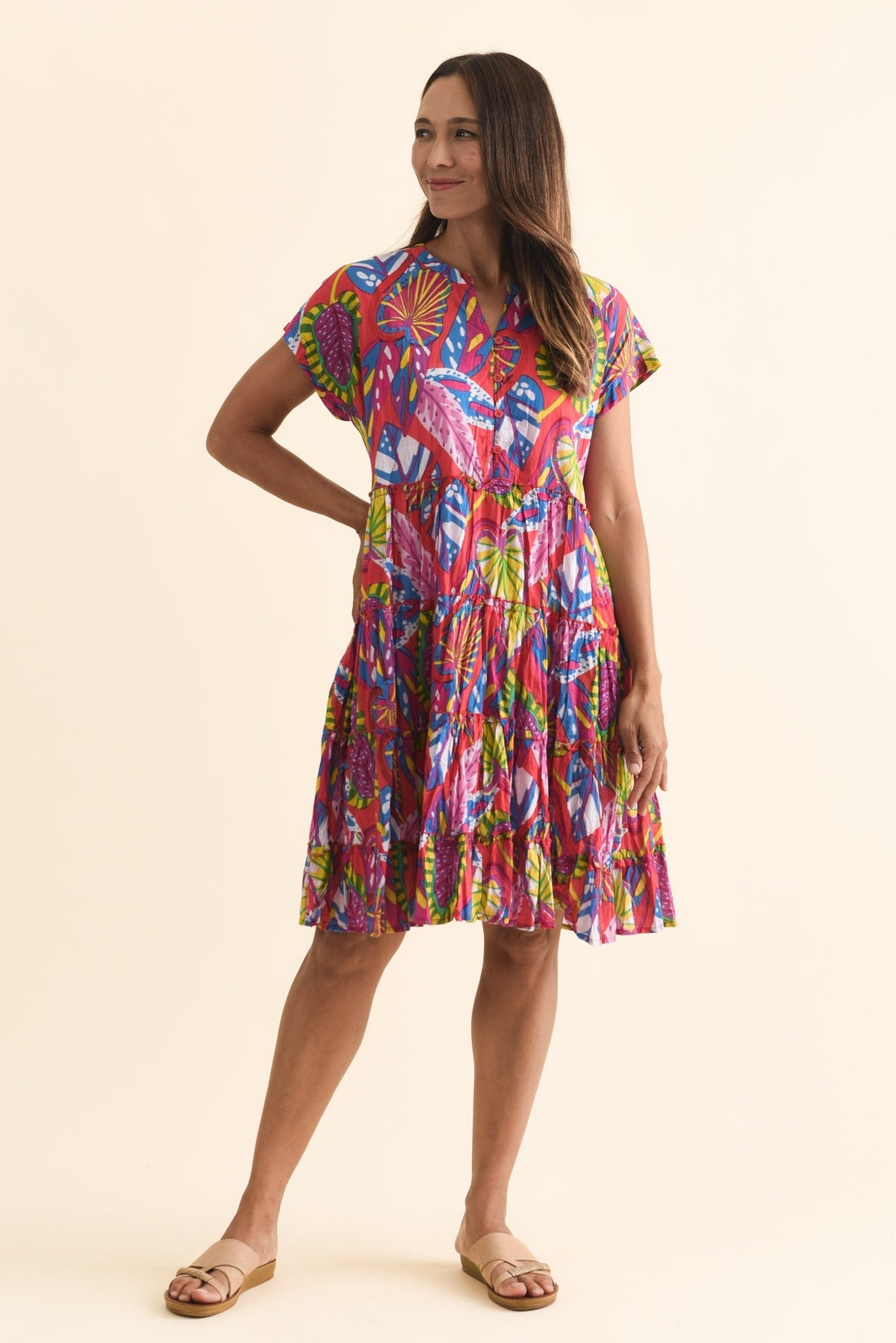 Kaylee Orange Tropical Crinkle Cotton Dress Full Length View